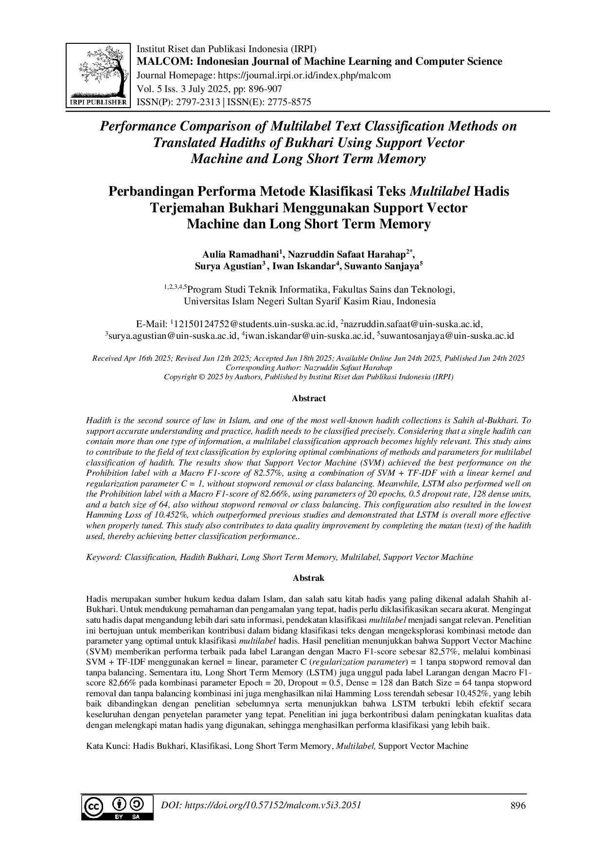 juris Perbandingan Performa Metode Klasifikasi Teks Multilabel Hadis Terjemahan Bukhari Menggunakan Support Vector Machine dan Long Short Term Memory