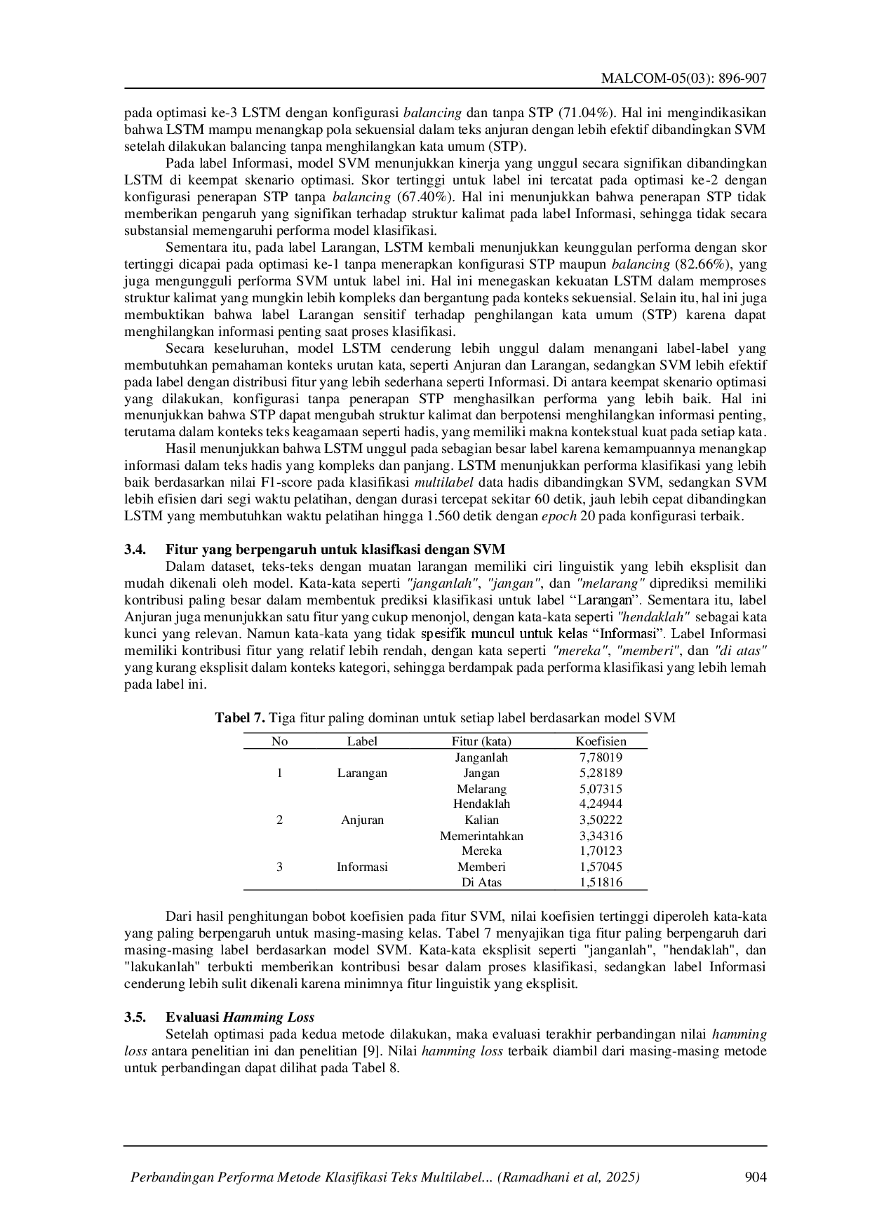 juris Perbandingan Performa Metode Klasifikasi Teks Multilabel Hadis Terjemahan Bukhari Menggunakan Support Vector Machine dan Long Short Term Memory