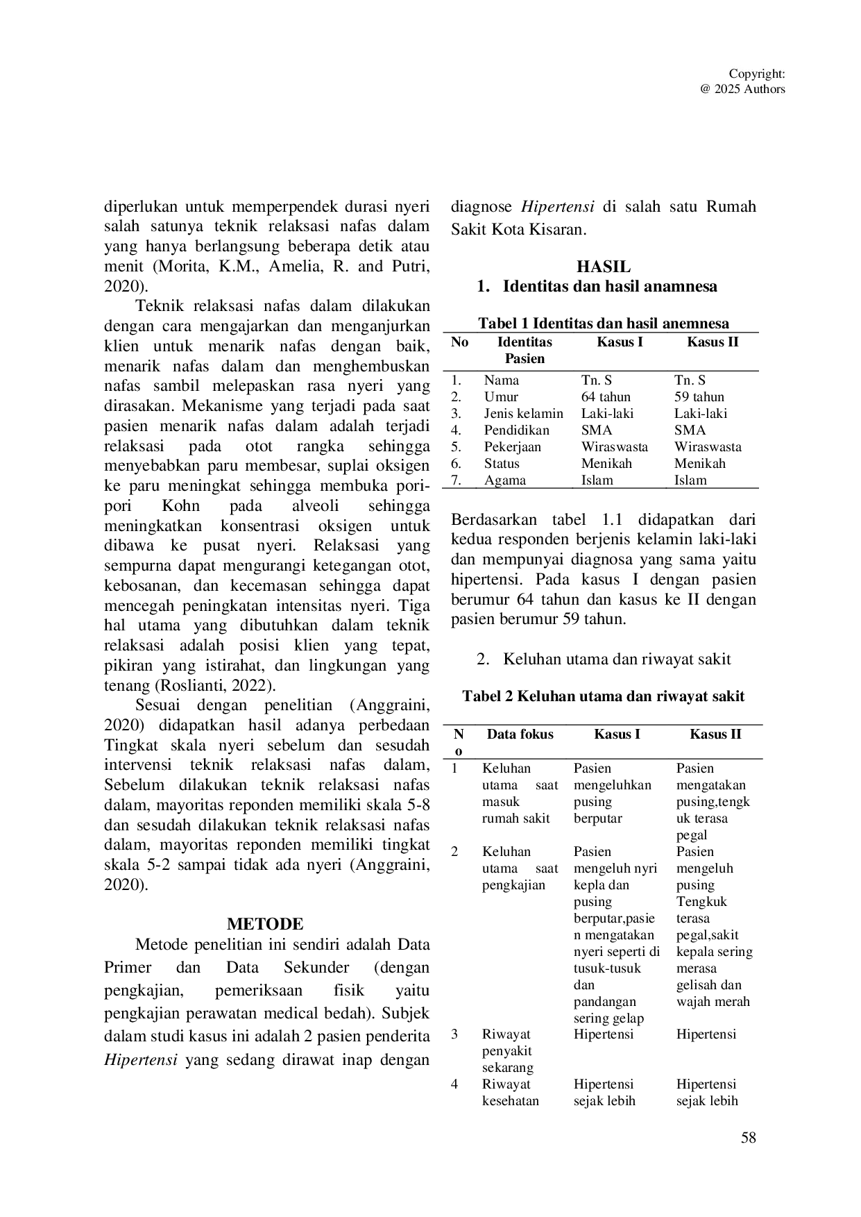 JURIS Pemberian Teknik Relaksasi Napas Dalam Pada Pasien Penderita Hipertensi dengan Masalah Nyeri Akut