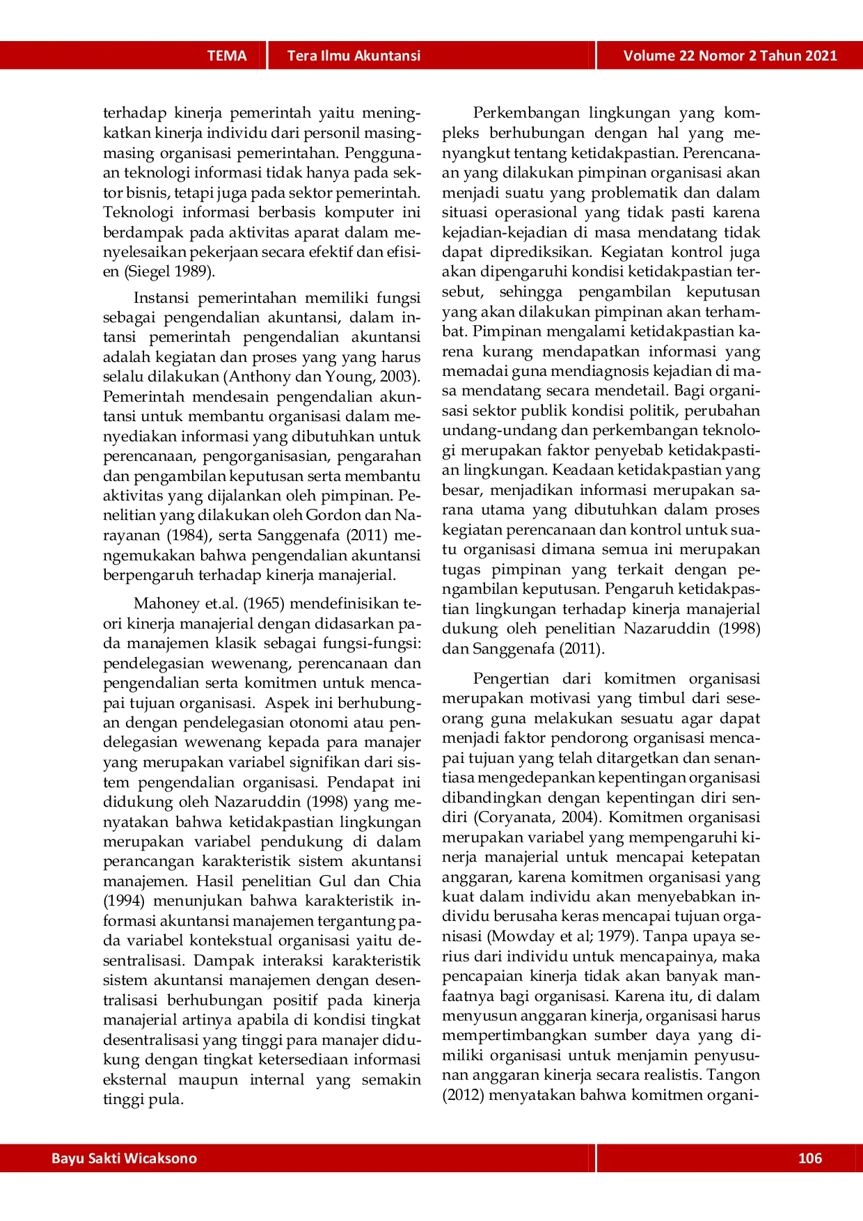 JURIS Pengaruh Desentralisasi Ketidakpastian Lingkungan Pengendalian Akuntansi Serta Komitmen Organisasi Terhadap Kinerja Manajerial