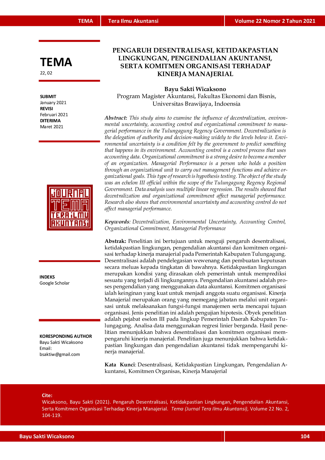 JURIS Pengaruh Desentralisasi Ketidakpastian Lingkungan Pengendalian Akuntansi Serta Komitmen Organisasi Terhadap Kinerja Manajerial