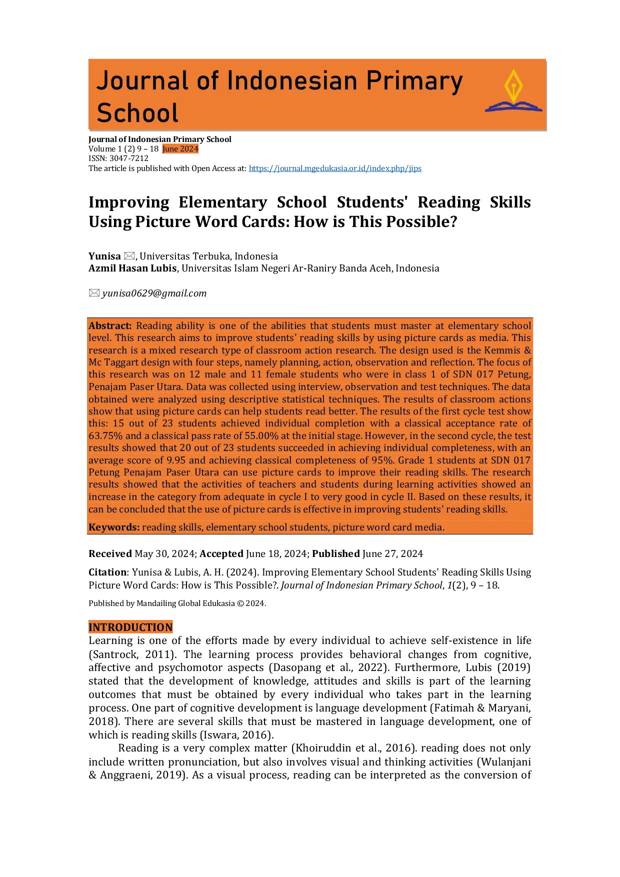 JURIS Improving Elementary School Students Reading Skills Using Picture Word Cards How Is This Possible