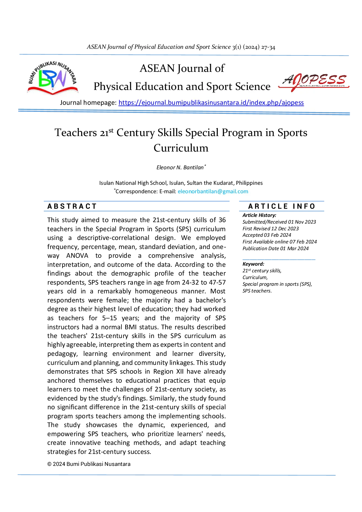 JURIS Teachers 21st Century Skills Special Program in Sports Curriculum
