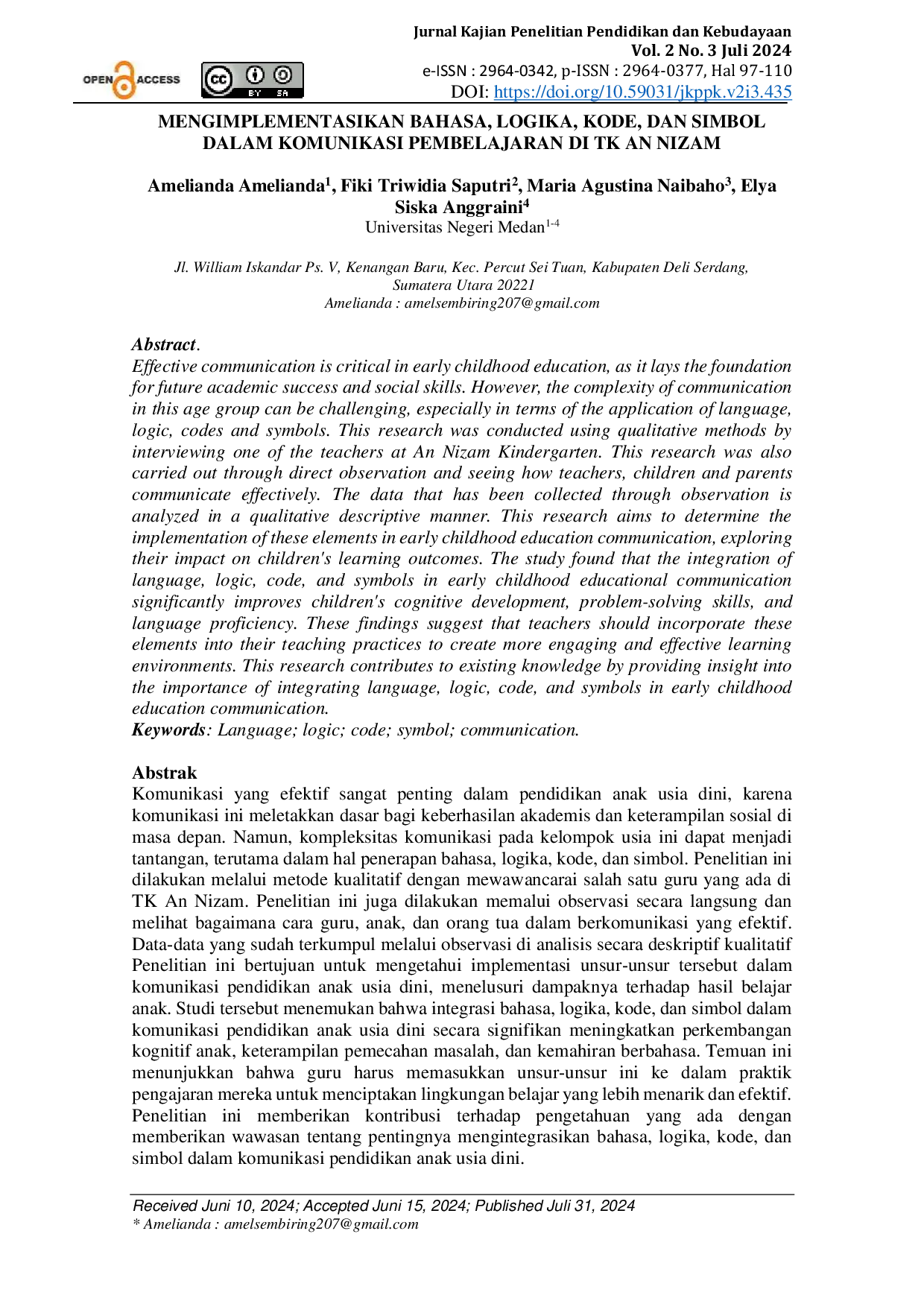 JURIS Mengimplementasikan Bahasa Logika Kode Dan Simbol Dalam Komunikasi Pembelajaran di TK An Nizam