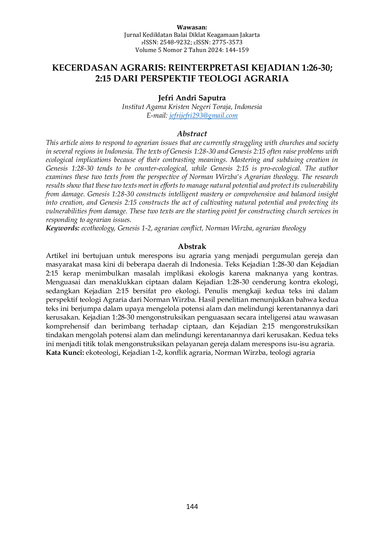 JURIS Kecerdasan Agraris Reinterpretasi Kejadian 1 26 30 2 15 Dari Perspektif Teologi Agraria