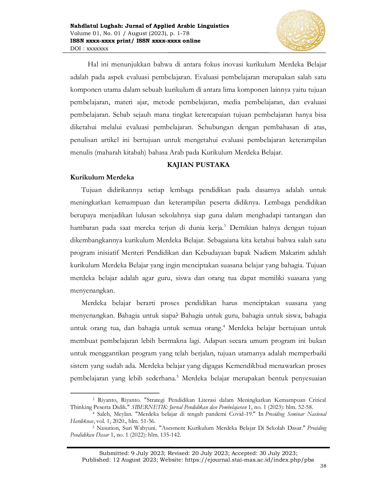 JURIS Evaluasi Keterampilan Menulis Bahasa Arab Maharah Kitabah Berdasarkan Kurikulum Merdeka Belajar