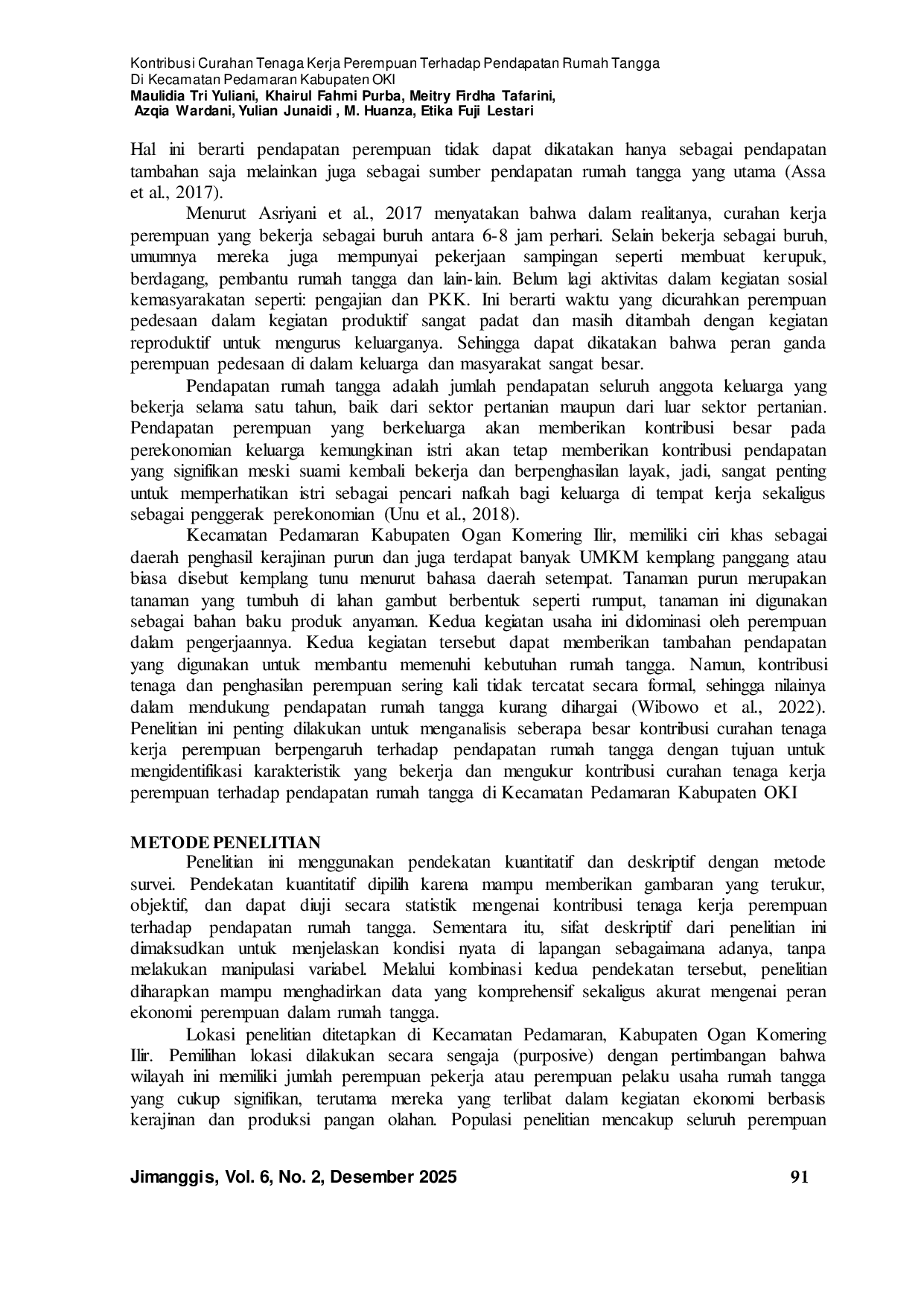 JURIS Kontribusi Curahan Tenaga Kerja Perempuan Terhadap Pendapatan Rumah Tangga Di Kecamatan Pedamaran Kabupaten Oki