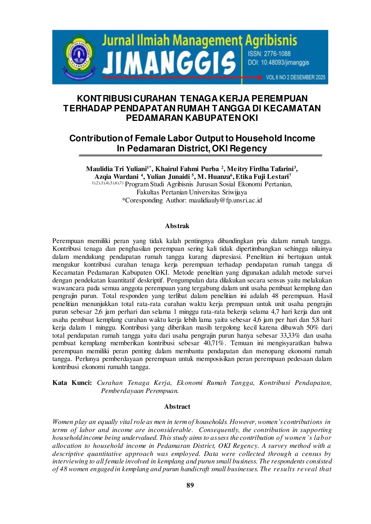 JURIS Kontribusi Curahan Tenaga Kerja Perempuan Terhadap Pendapatan Rumah Tangga Di Kecamatan Pedamaran Kabupaten Oki