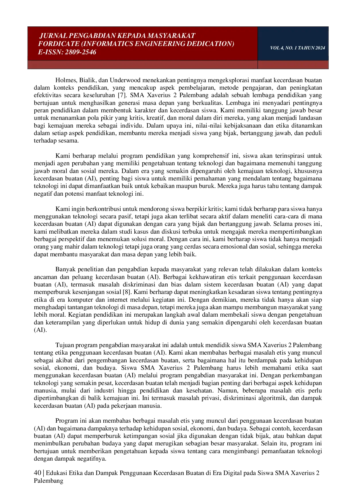 juris Edukasi Etika dan Dampak Penggunaan Kecerdasan Buatan di Era Digital pada Siswa SMA Xaverius 2 Palembang