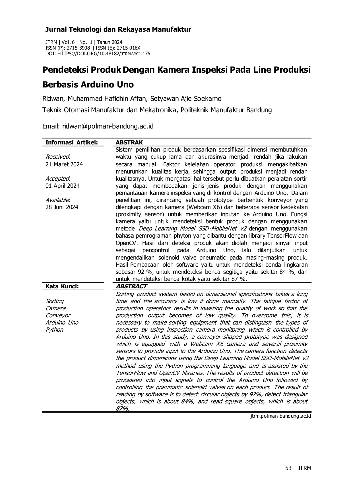 JURIS A Pendeteksi Produk Dengan Kamera Inspeksi Pada Line Produksi