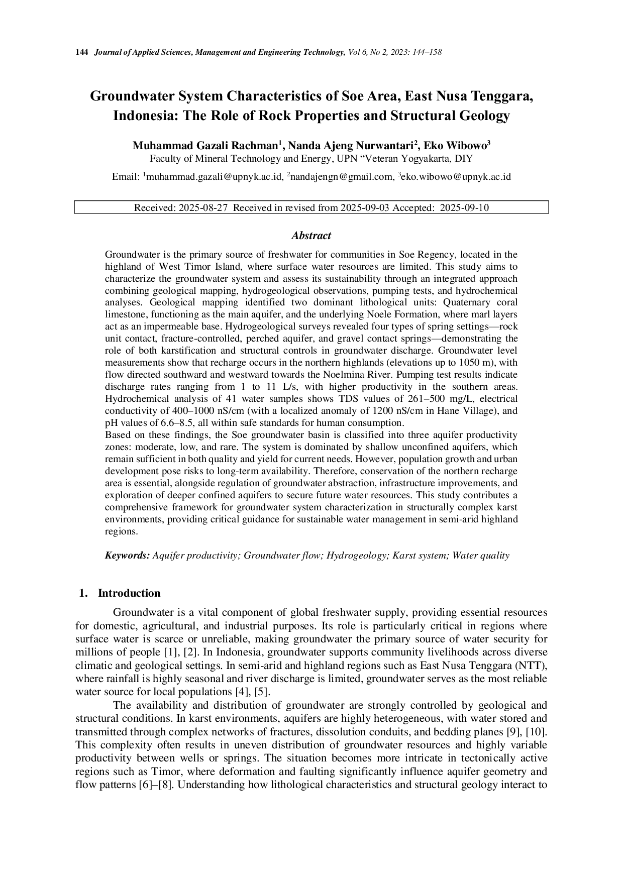 JURIS Groundwater System Characteristics of Soe Area East Nusa Tenggara Indonesia The Role of Rock Properties and Structural Geology