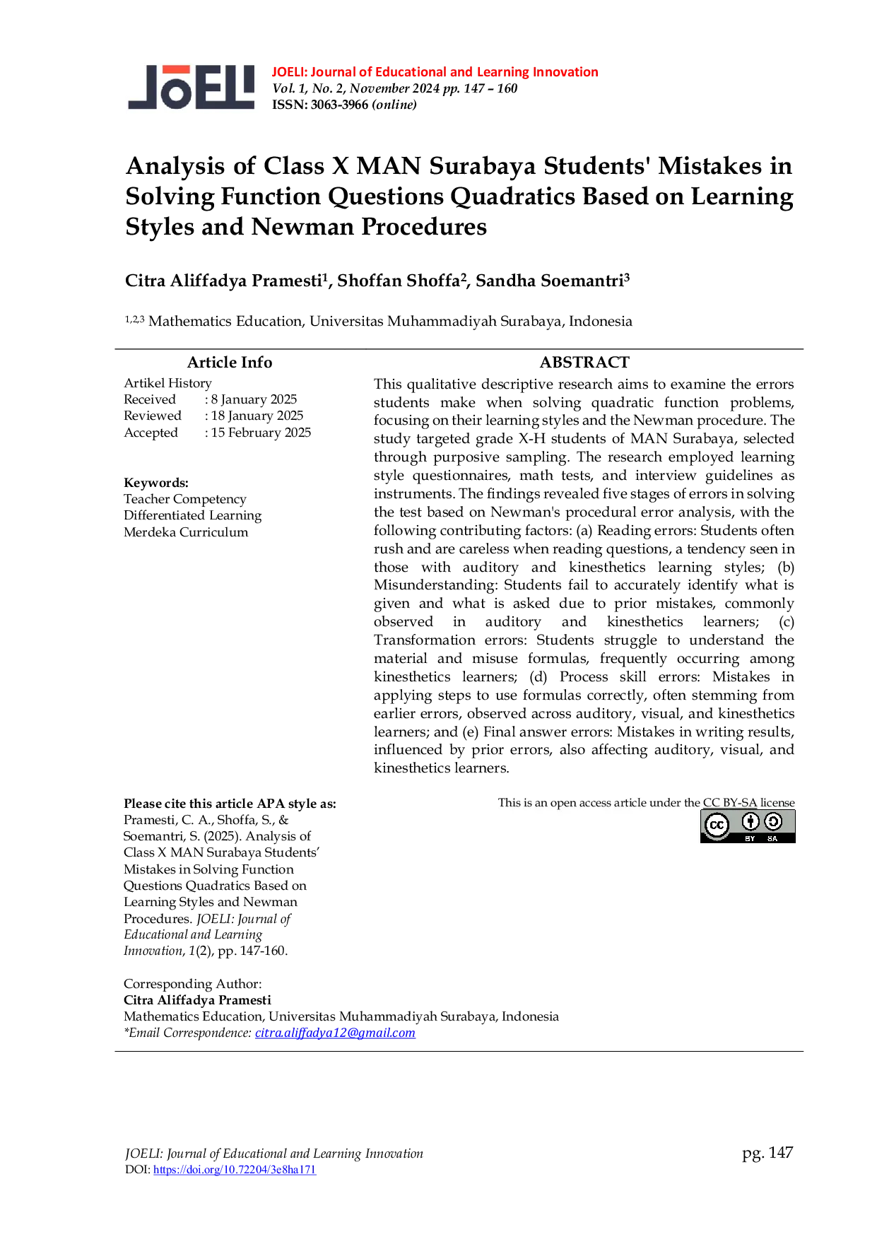 JURIS Analysis of Class X MAN Surabaya Students Mistakes in Solving Function Questions Quadratics Based on Learning Styles and Newman Procedures