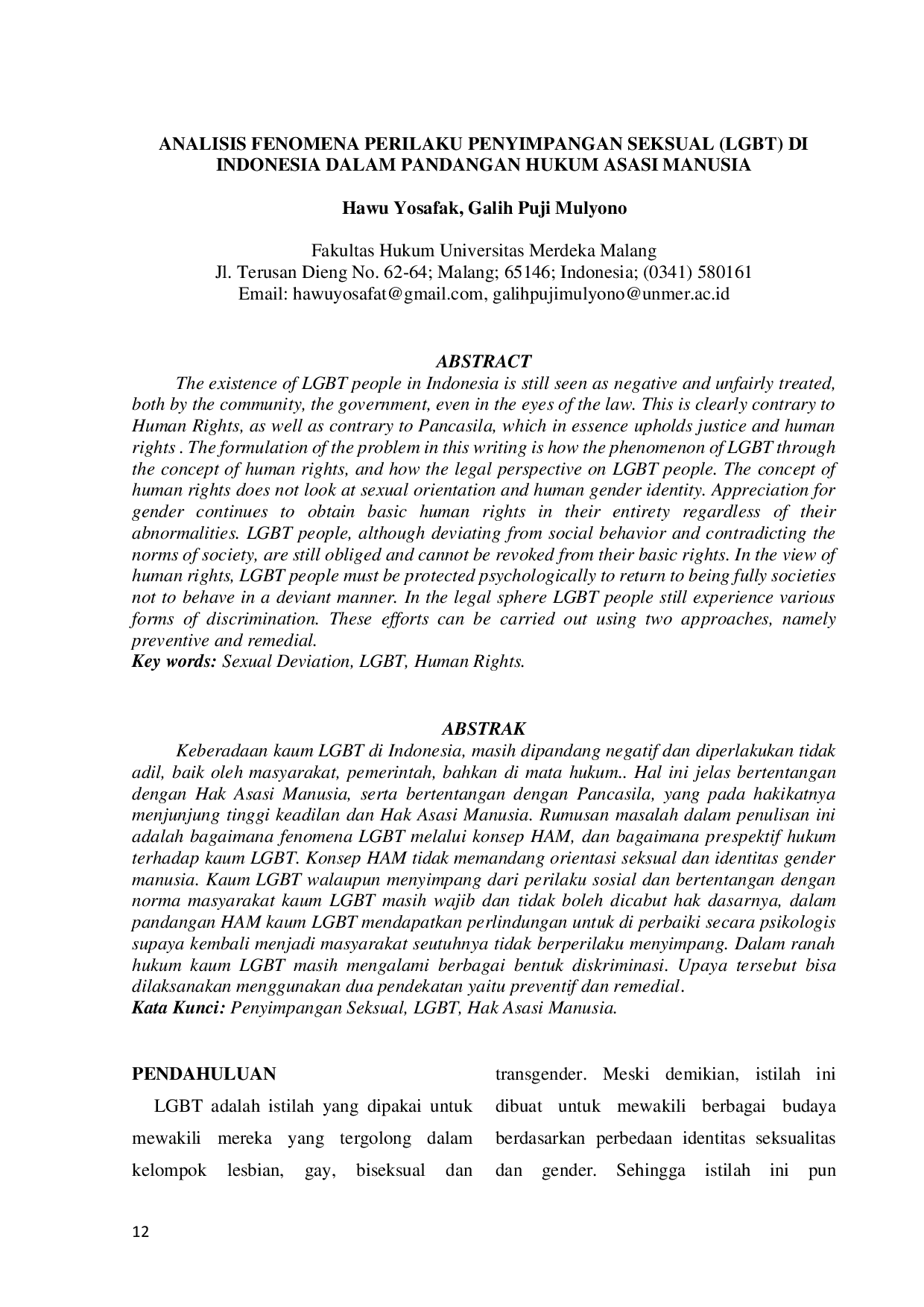 juris Analisis Fenomena Perilaku Penyimpangan Seksual LGBT di Indonesia dalam Pandangan Hukum Asasi Manusia