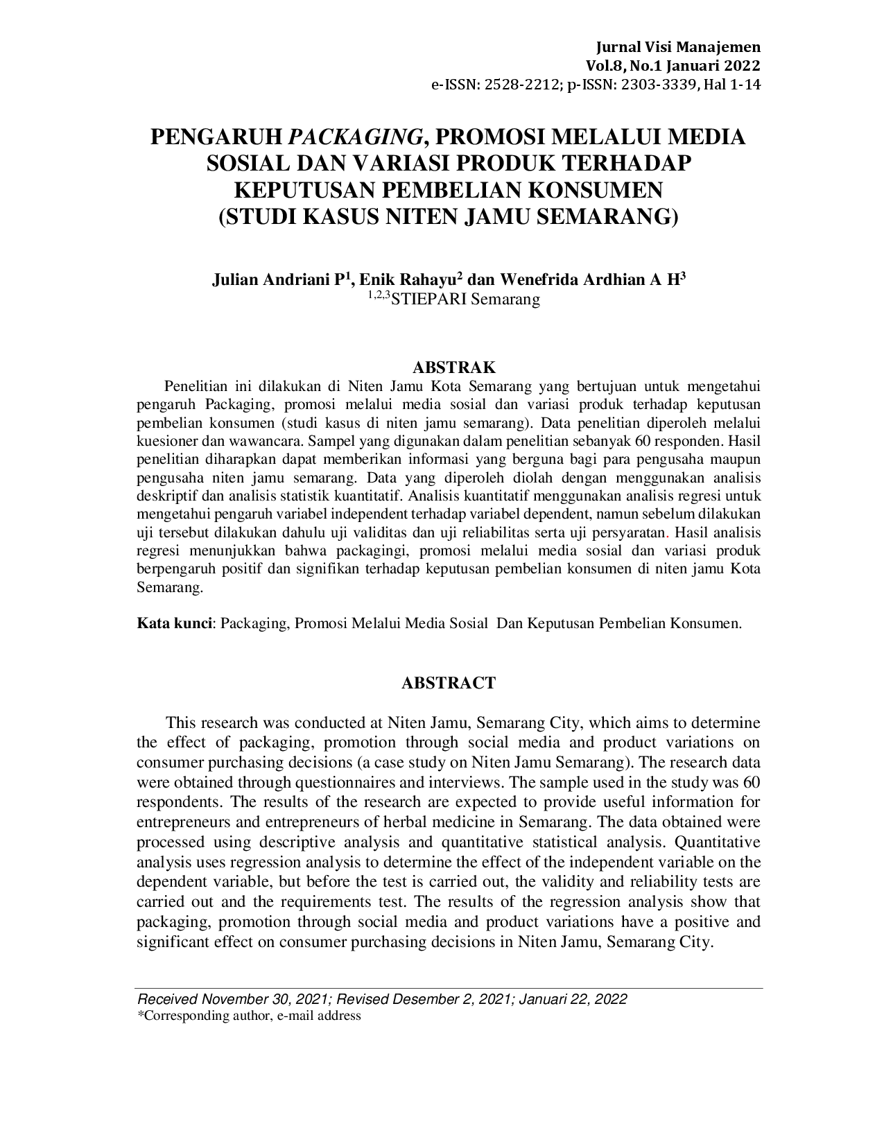 juris Pengaruh Packaging Promosi Melalui Media Sosial dan Variasi Produk Terhadap Keputusan Pembelian Konsumen Studi Kasus Niten Jamu Semarang