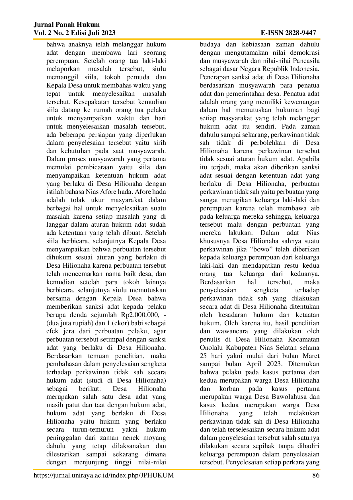 JURIS Penyelesaian Sengketa Terhadap Perkawinan Tidak Sah Secara Hukum Adat Studi Di Desa Hilionaha