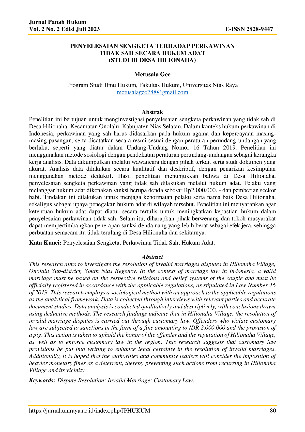 JURIS Penyelesaian Sengketa Terhadap Perkawinan Tidak Sah Secara Hukum Adat Studi Di Desa Hilionaha
