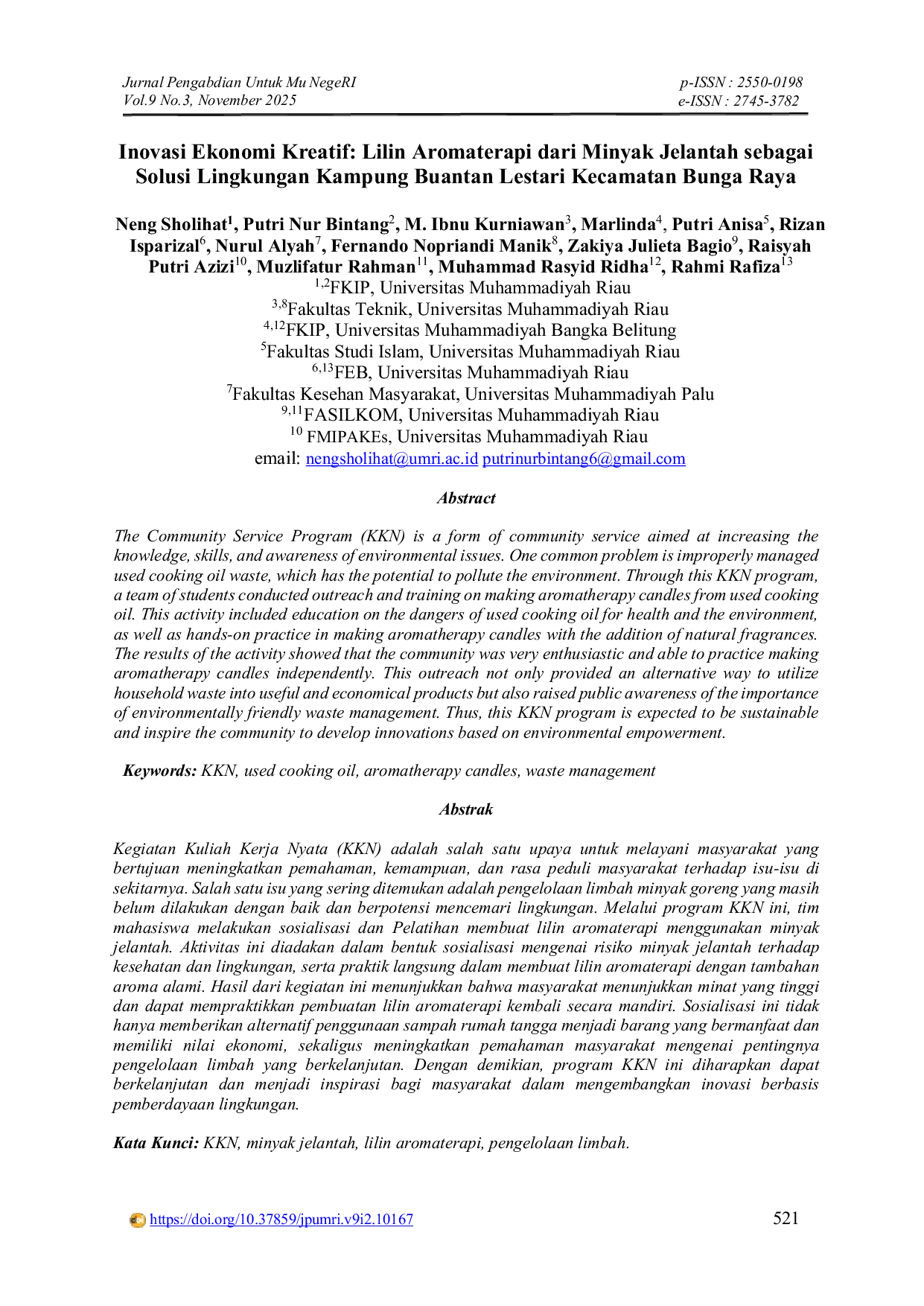 JURIS Inovasi Ekonomi Kreatif Lilin Aromaterapi dari Minyak Jelantah sebagai Solusi Lingkungan Kampung Buantan Lestari Kecamatan Bunga Raya