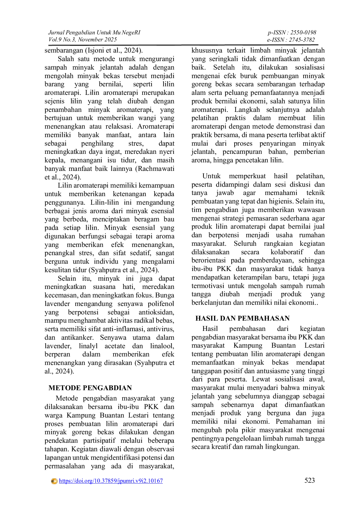 JURIS Inovasi Ekonomi Kreatif Lilin Aromaterapi dari Minyak Jelantah sebagai Solusi Lingkungan Kampung Buantan Lestari Kecamatan Bunga Raya