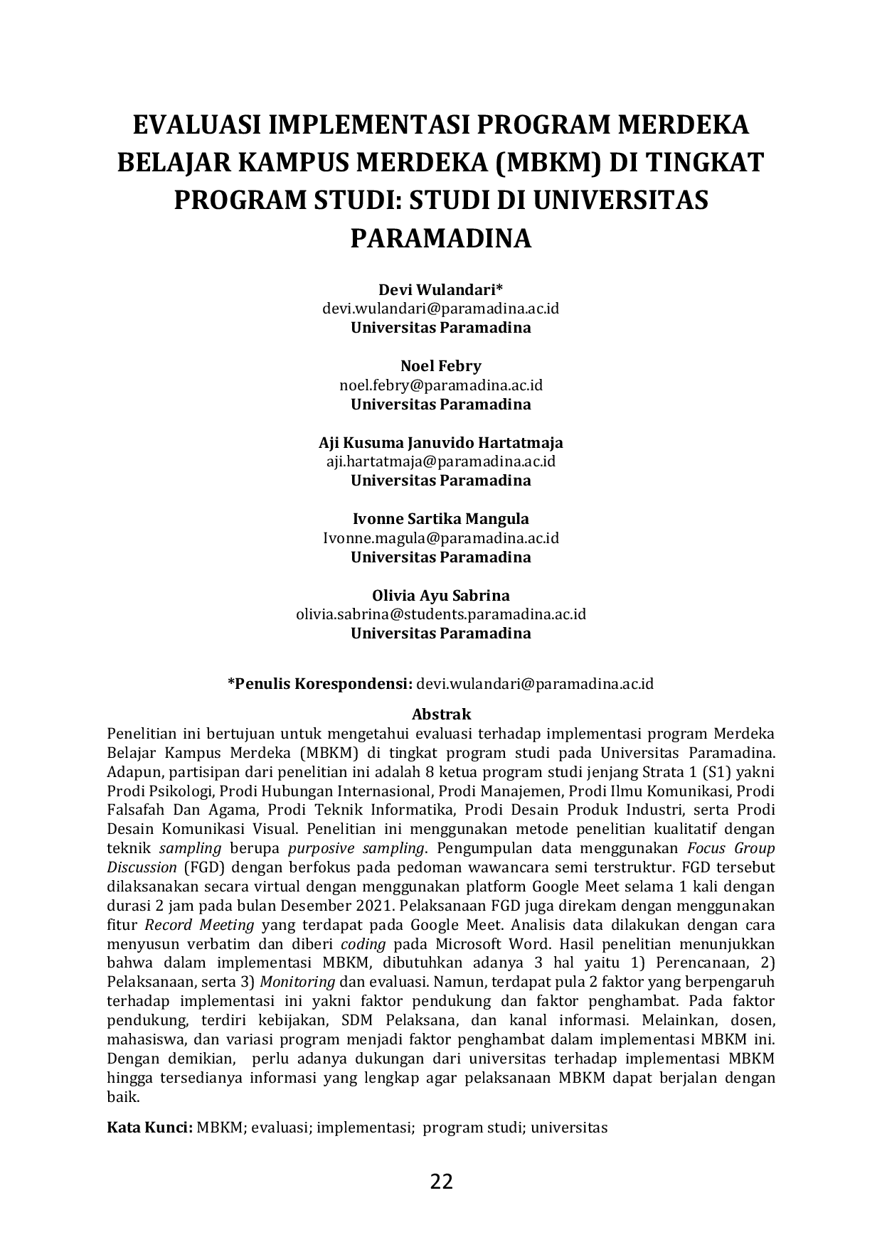 JURIS Evaluasi Implementasi Program Merdeka Belajar Kampus Merdeka MBKM di Tingkat Program Studi Studi di Universitas Paramadina