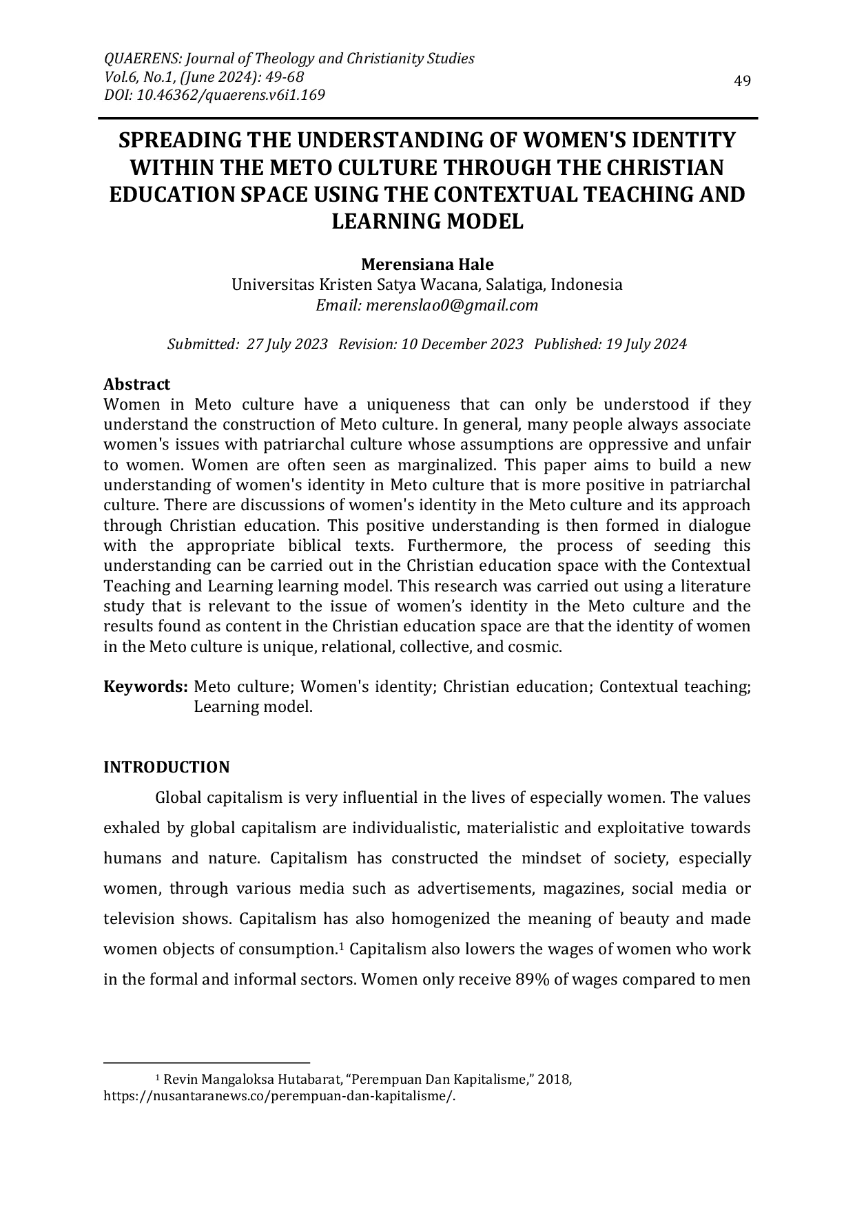 JURIS Spreading the Understanding of Women s Identity Within the Meto Culture Through the Christian Education Space Using the Contextual Teaching and Learning Model