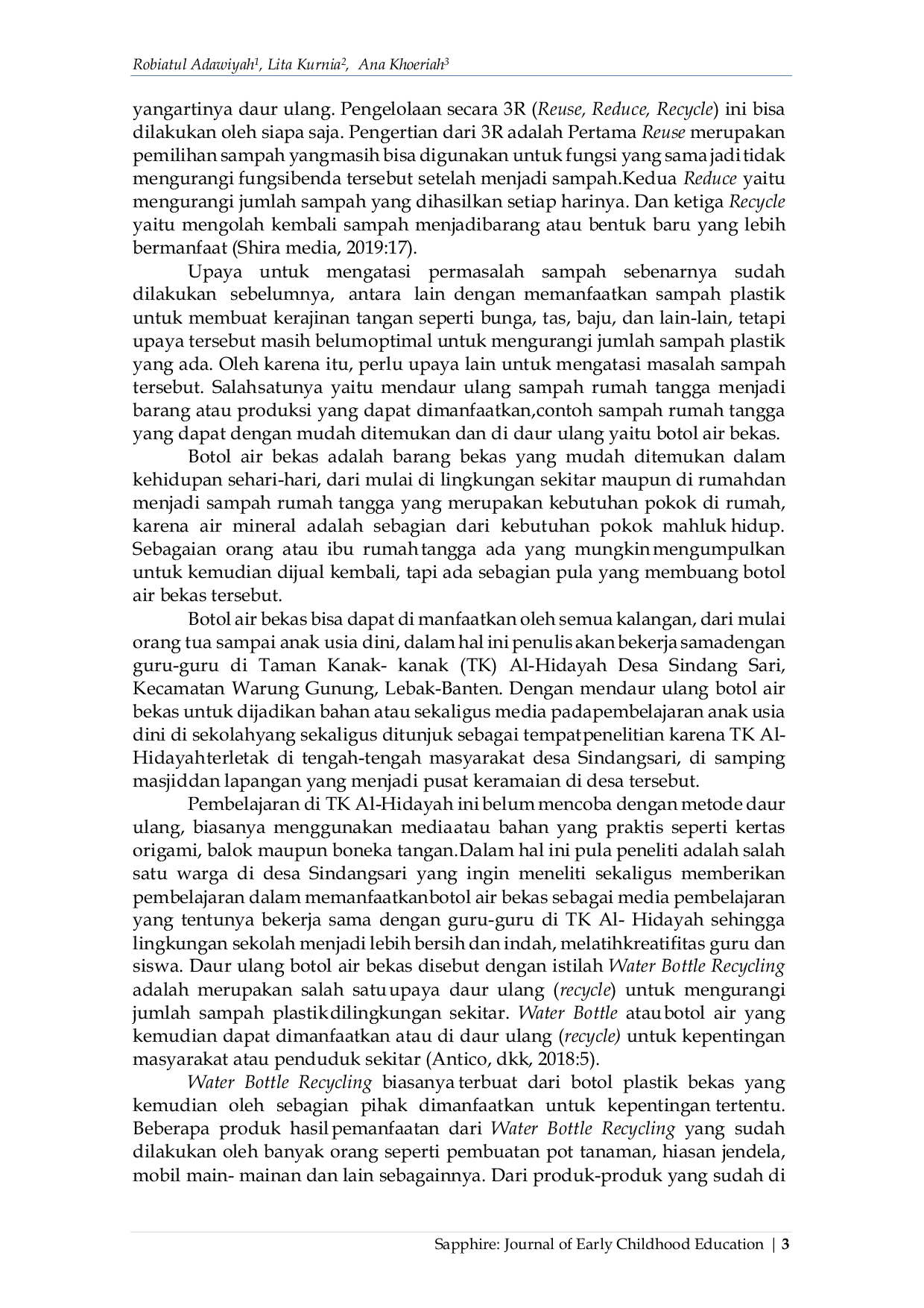 JURIS Pemanfaatan Water Bottle Recycling Pada Pembelajaran Anak Usia Dini