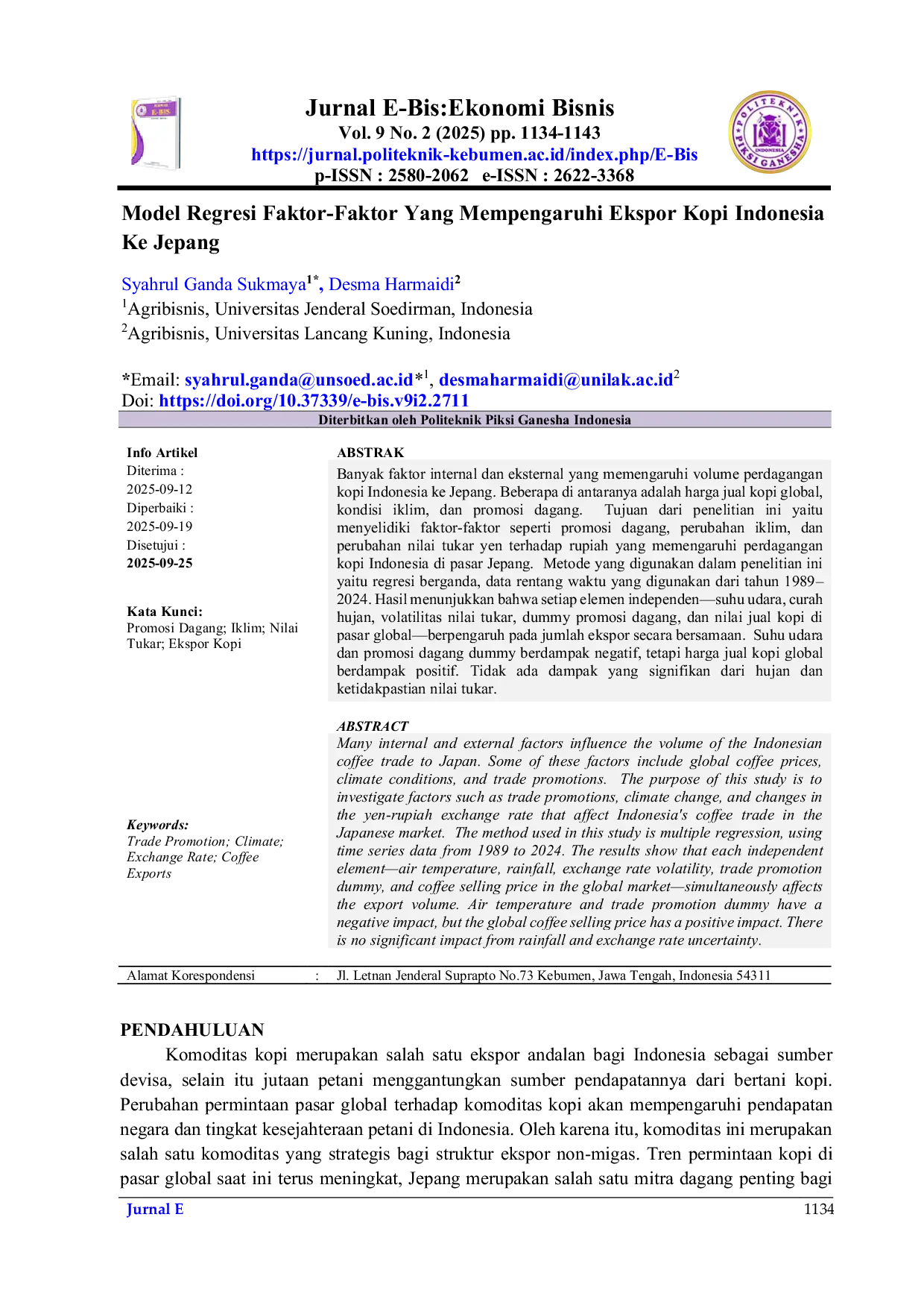 JURIS Model Regresi Faktor Faktor Yang Mempengaruhi Ekspor Kopi Indonesia Ke Jepang