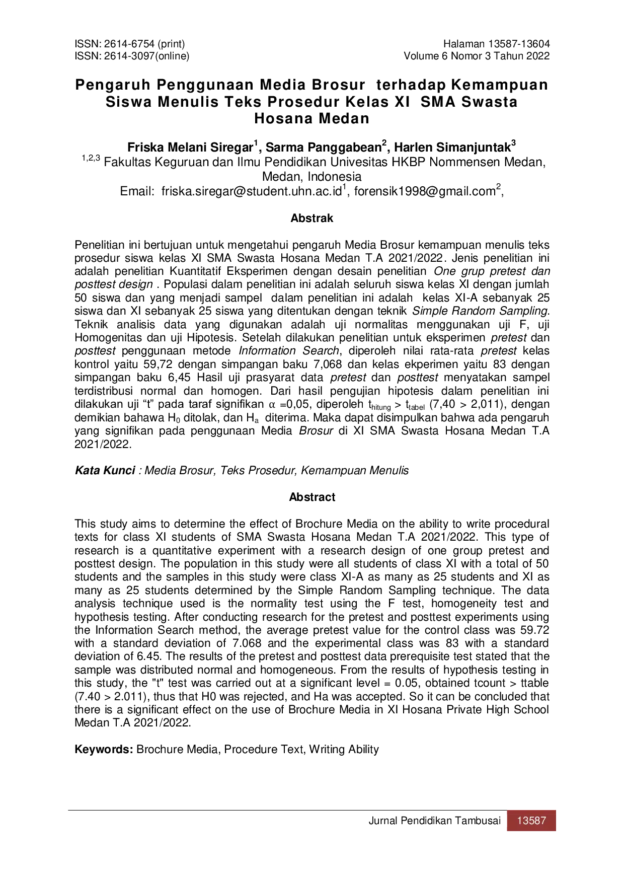 JURIS Pengaruh Penggunaan Media Brosur terhadap Kemampuan Siswa Menulis Teks Prosedur Kelas XI SMA Swasta Hosana Medan