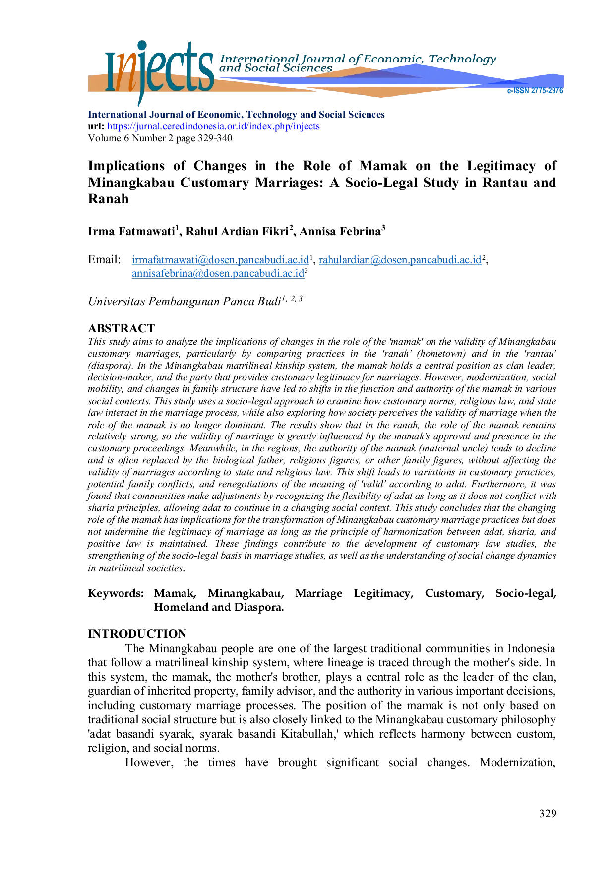 JURIS Implications of Changes in the Role of Mamak on the Legitimacy of Minangkabau Customary Marriages A Socio Legal Study in Rantau and Ranah