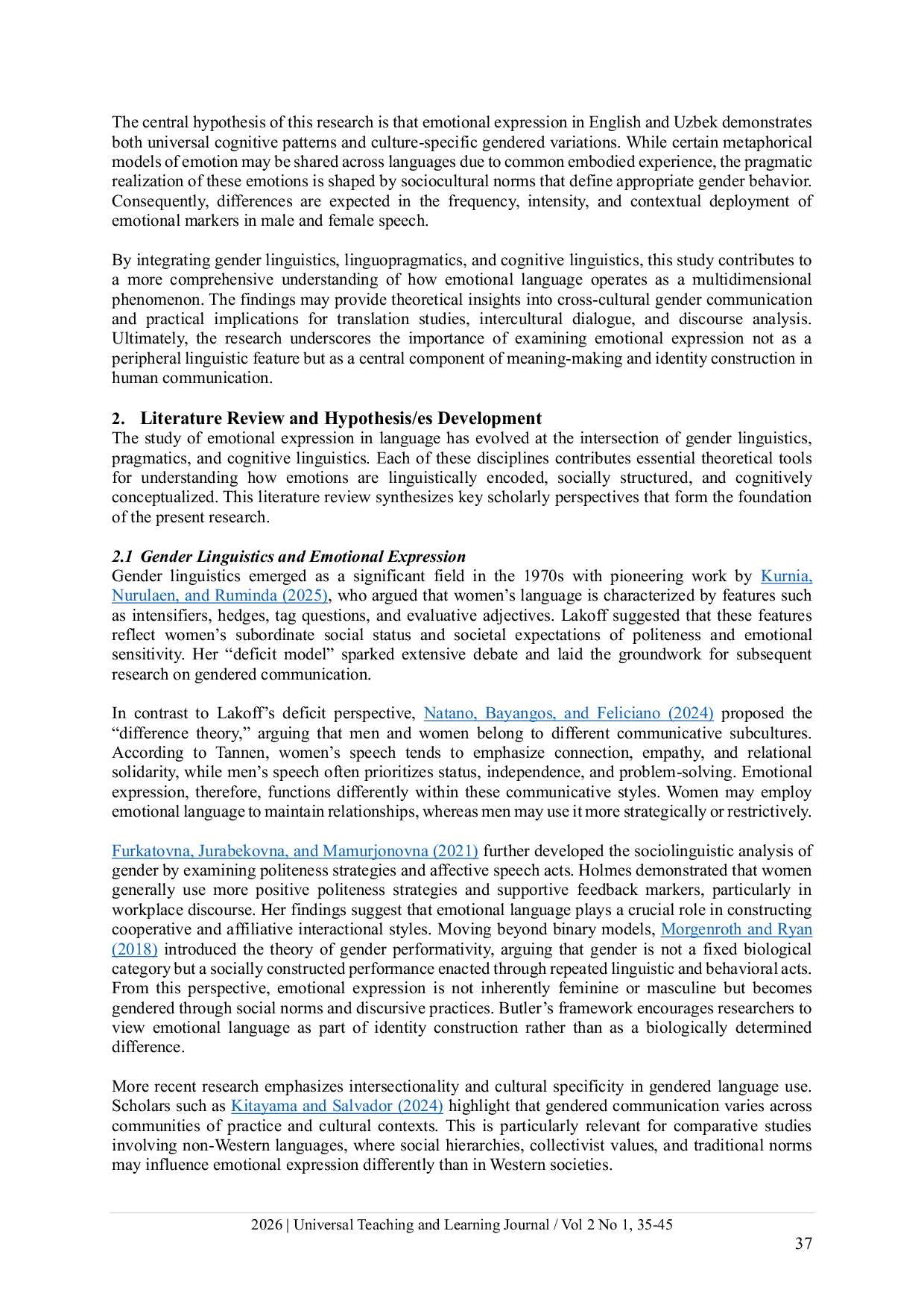 JURIS Linguopragmatic and Cognitive Features of the Emotional Layer in Gender Linguistics on the Example of the English and Uzbek Languages