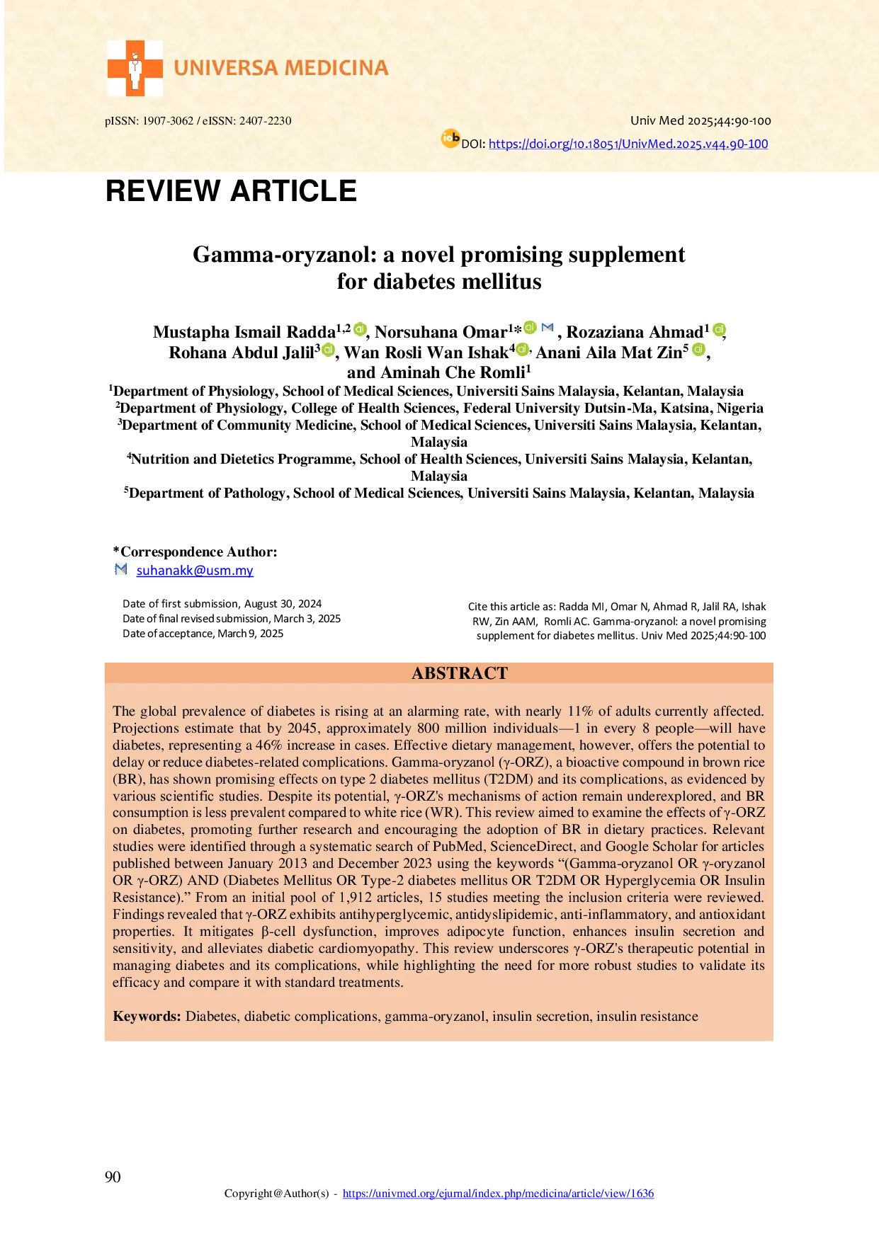 JURIS Gamma oryzanol a novel promising supplement for diabetes mellitus