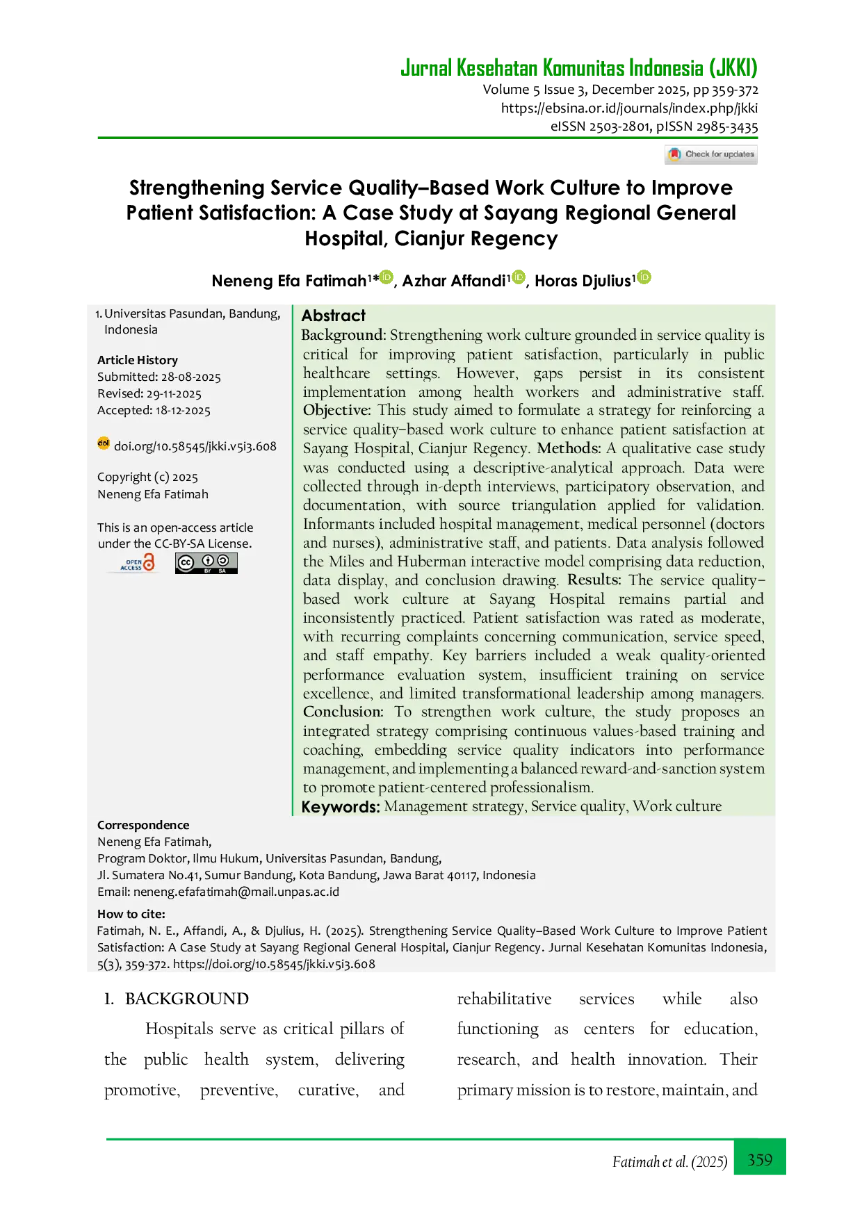 JURIS Strengthening Service Quality Based Work Culture To Improve Patient Satisfaction