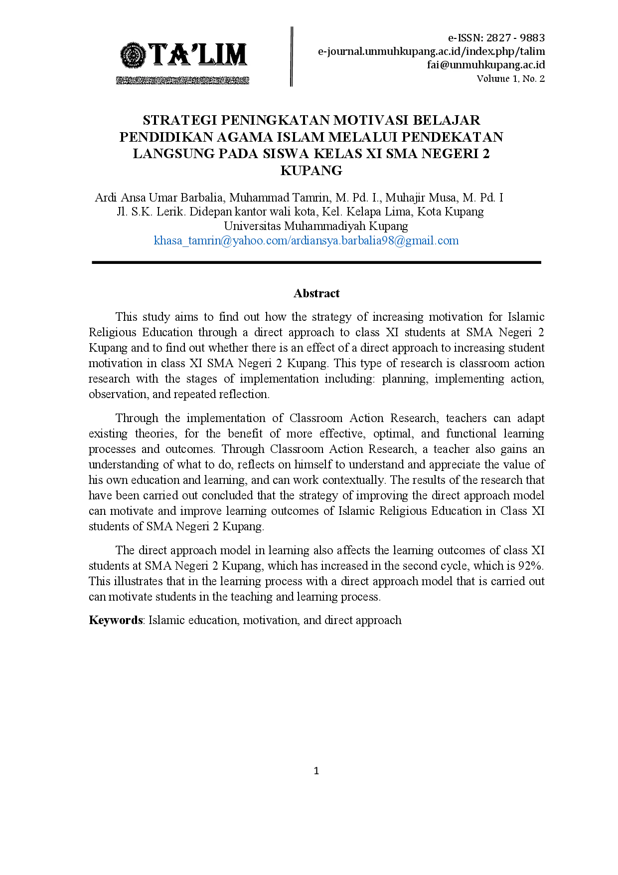 juris Strategi Peningkatan Motivasi Belajar Pendidikan Agama Islam melalui Pendekatan Langsung Pada Siswa Kelas XI SMA Negeri 2 Kupang