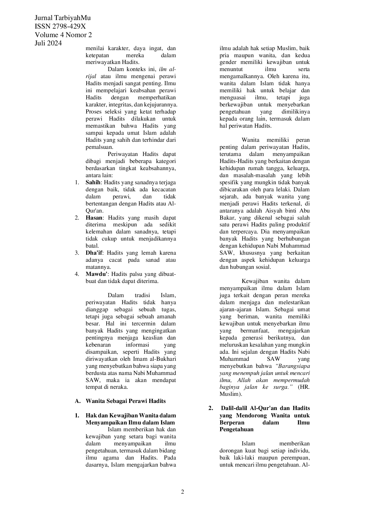 JURIS Peranan Perempuan Dalam Periwayatan Hadits