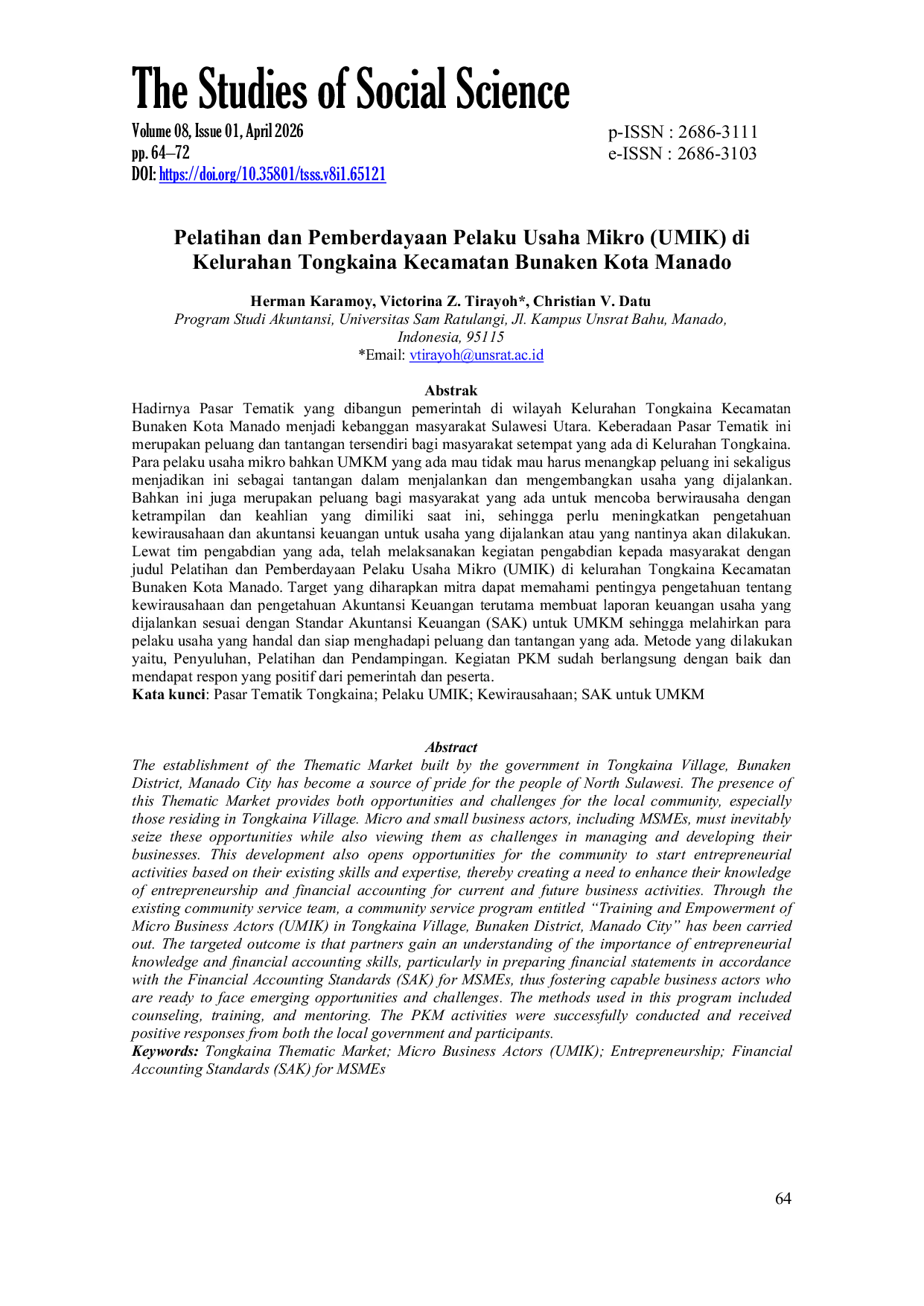 JURIS Pelatihan dan Pemberdayaan Pelaku Usaha Mikro UMIK di Kelurahan Tongkaina Kecamatan Bunaken Kota Manado