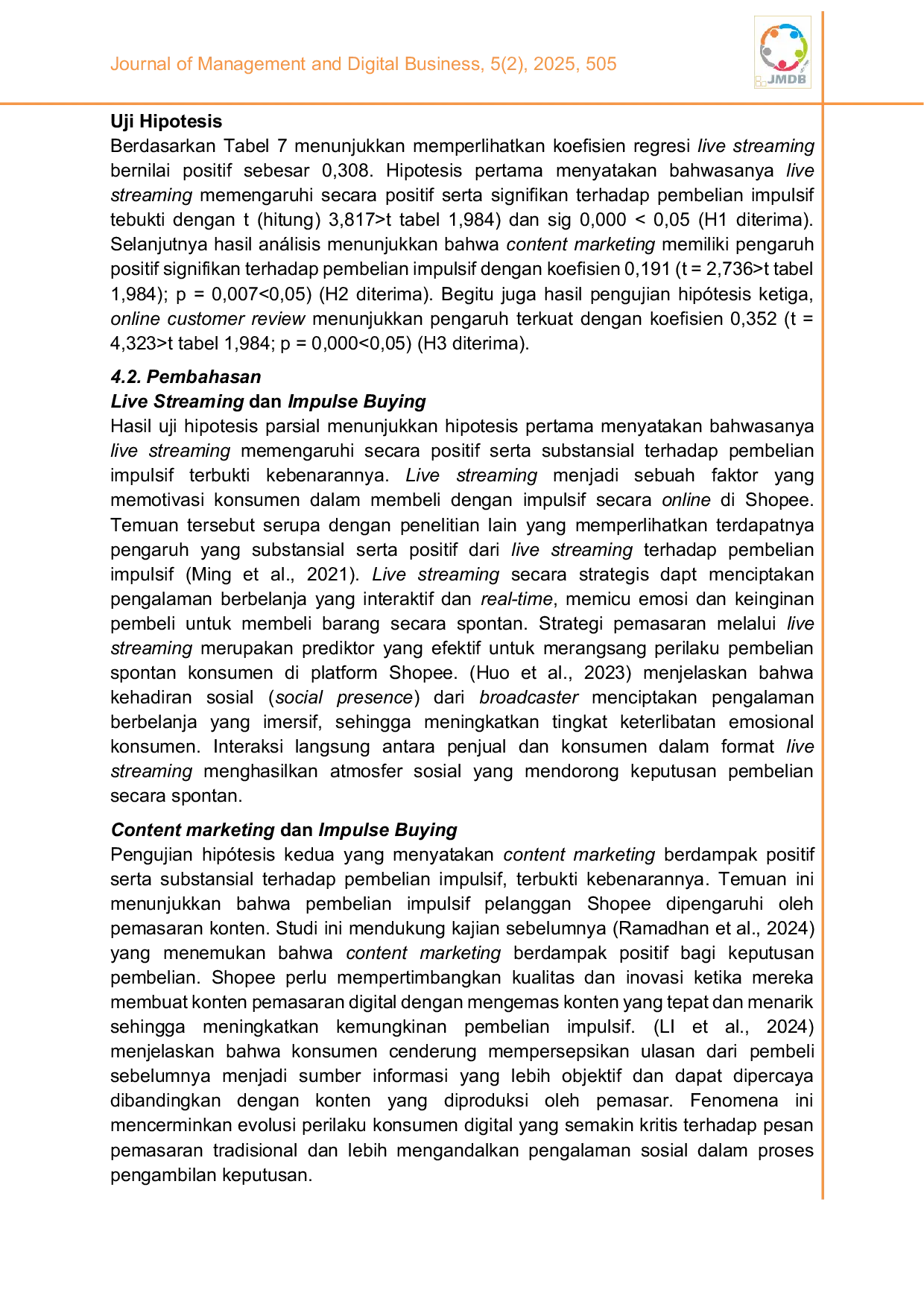 JURIS Pembelian impulsif di era digital Peran live streaming content marketing dan ulasan pelanggan online pada pengguna Shopee