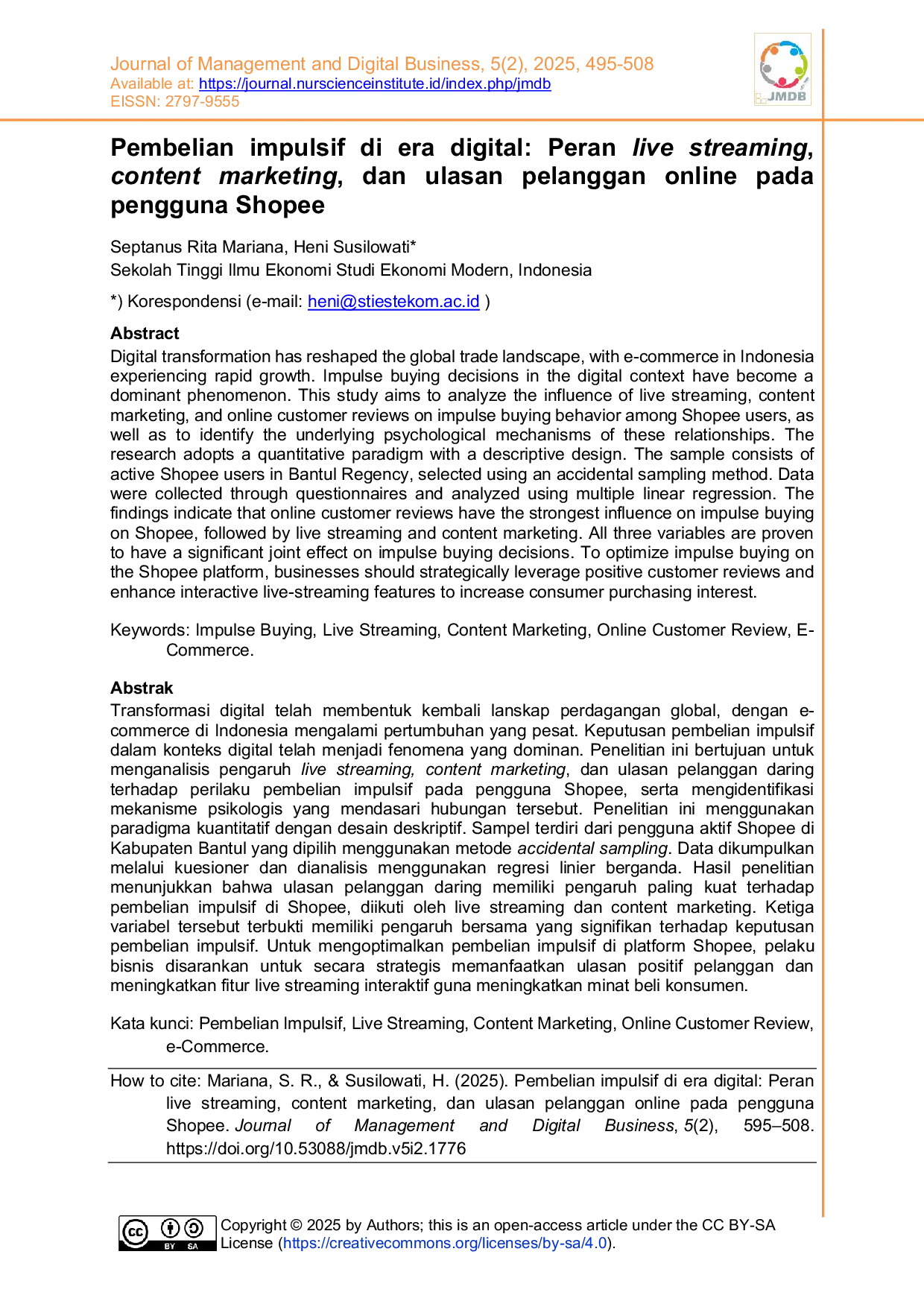 JURIS Pembelian impulsif di era digital Peran live streaming content marketing dan ulasan pelanggan online pada pengguna Shopee