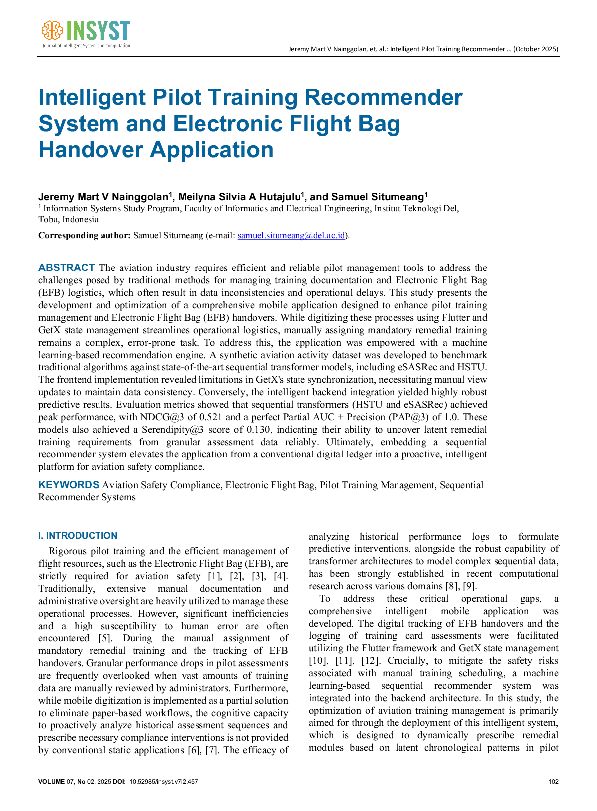 JURIS Intelligent Pilot Training Recommender System and Electronic Flight Bag Handover Application