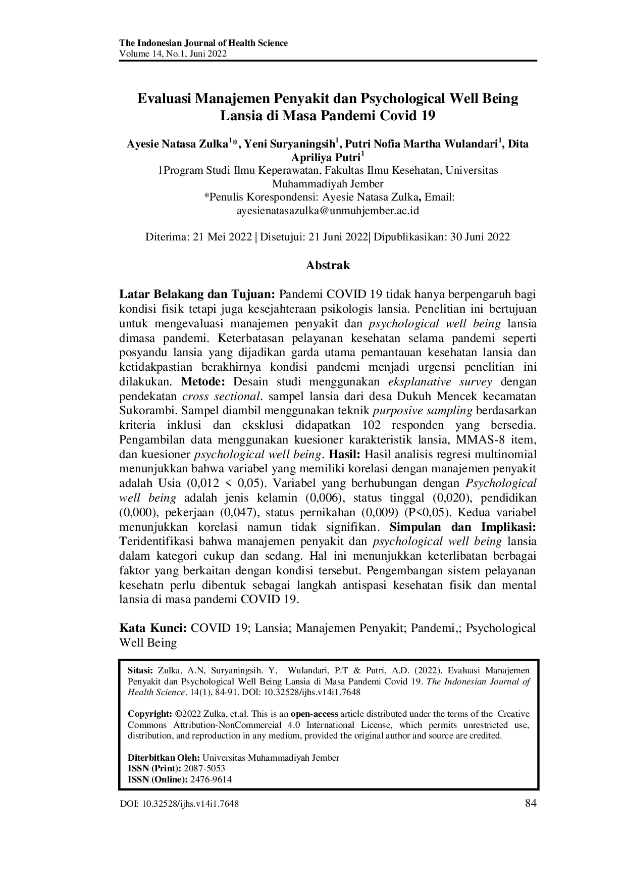 JURIS Evaluasi Manajemen Penyakit dan Psychological Well Being Lansia di Masa Pandemi Covid 19