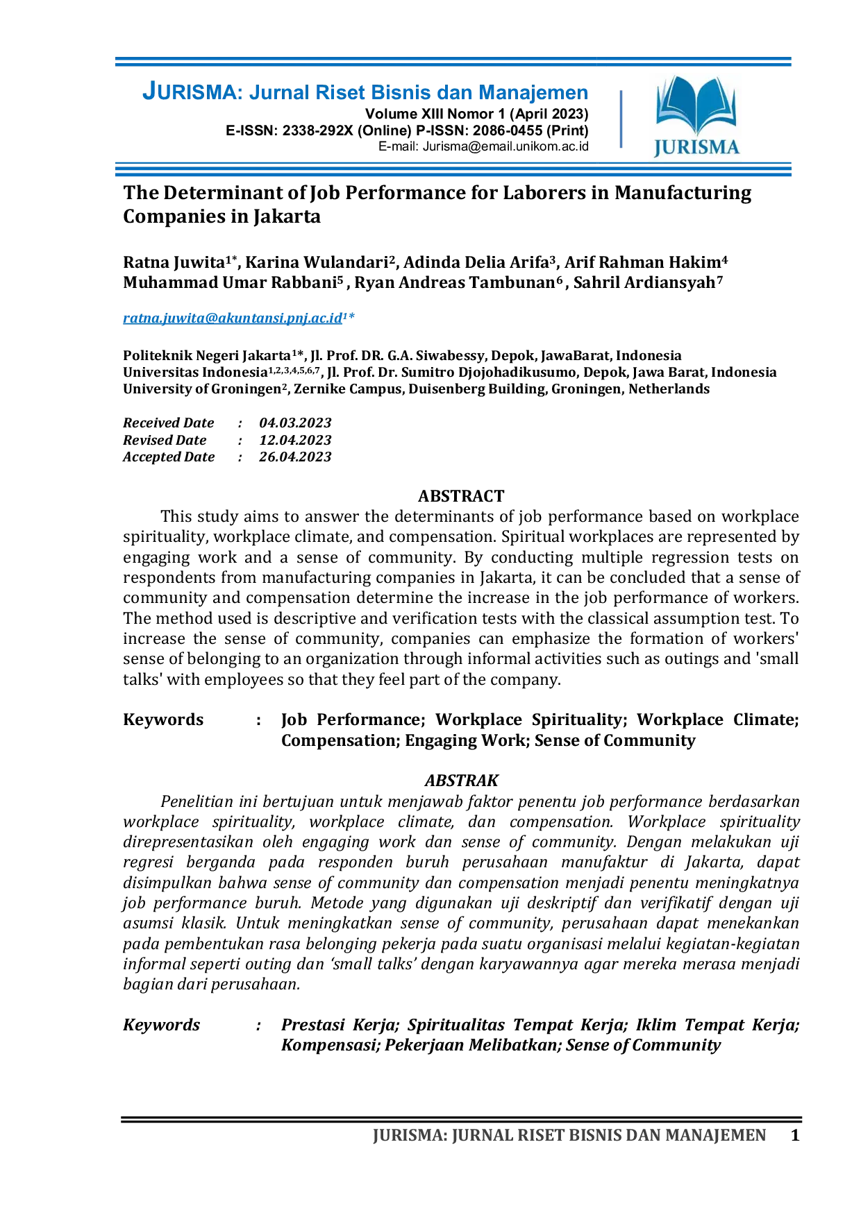 JURIS The Determinant of Job Performance for Laborers in Manufacturing Companies in Jakarta