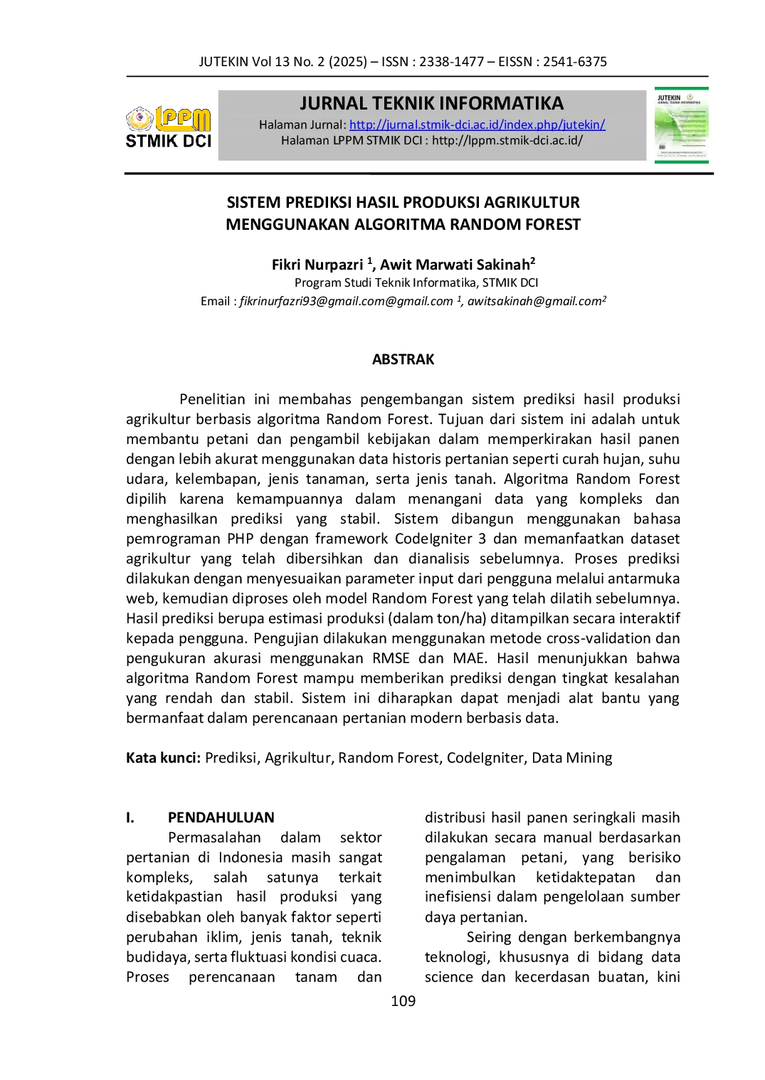 JURIS Sistem Prediksi Hasil Produksi Agrikultur Menggunakan Algoritma Random Forest