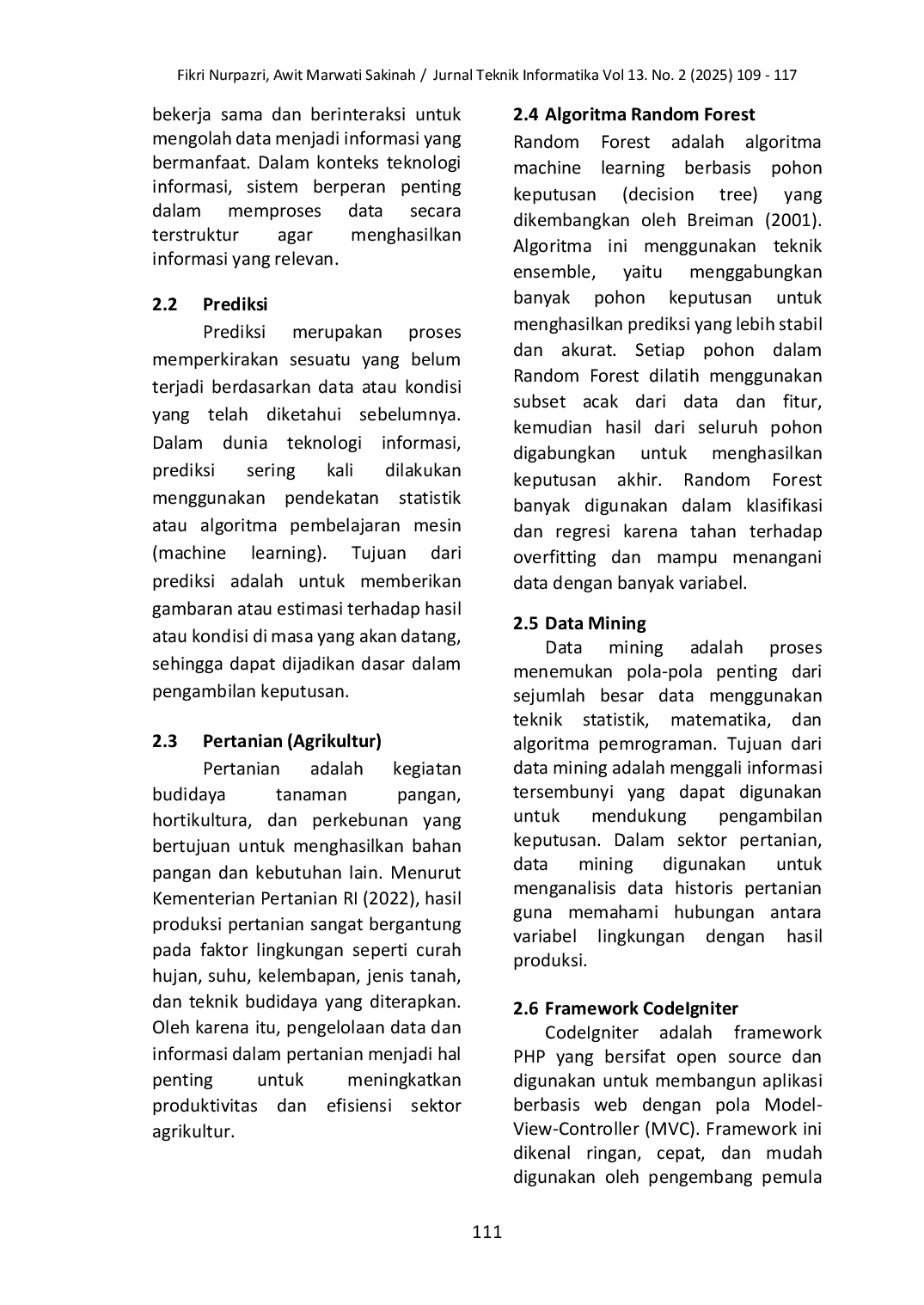 JURIS Sistem Prediksi Hasil Produksi Agrikultur Menggunakan Algoritma Random Forest