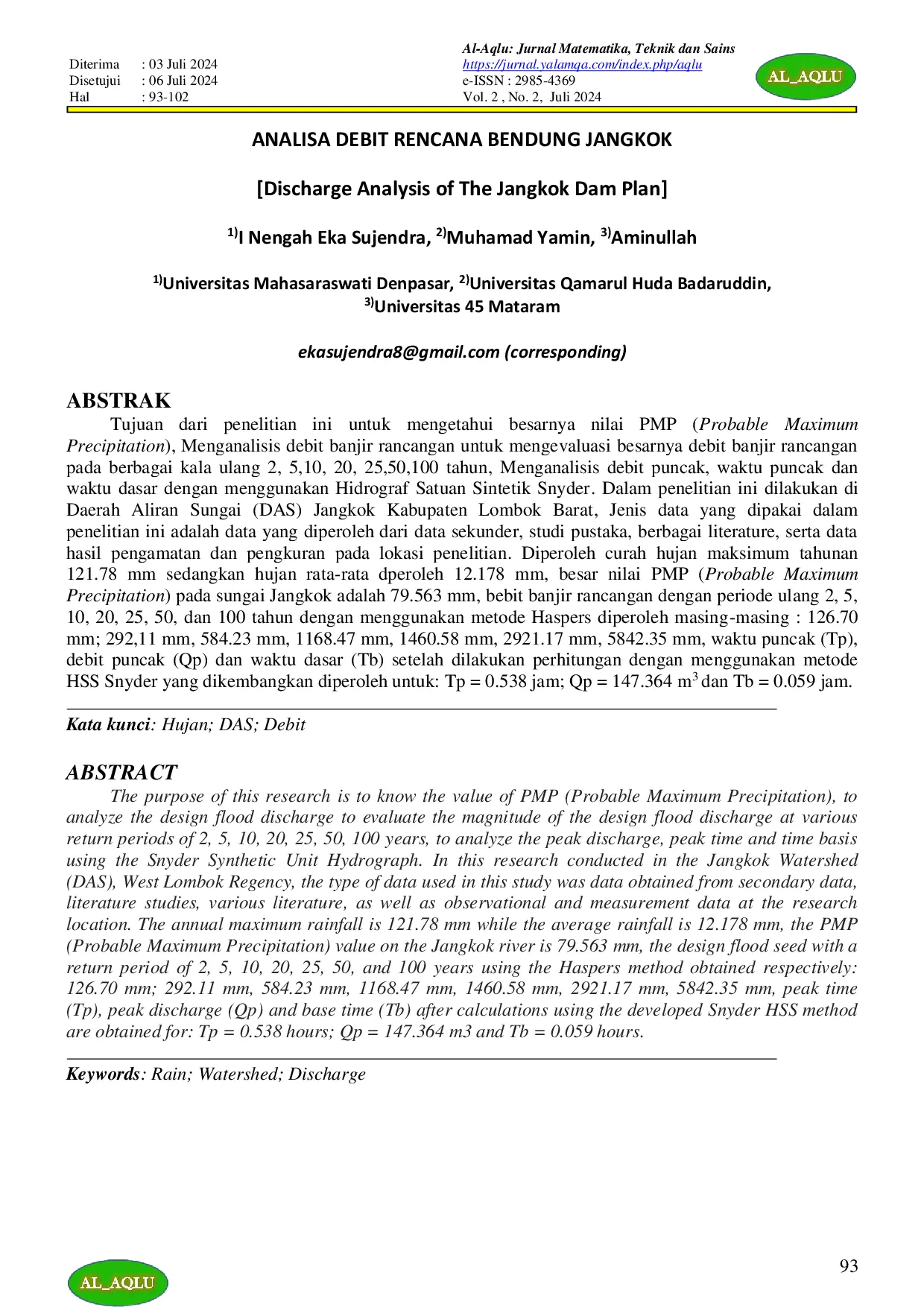 JURIS ANALISA DEBIT RENCANA BENDUNG JANGKOK Discharge Analysis of The Jangkok Dam Plan