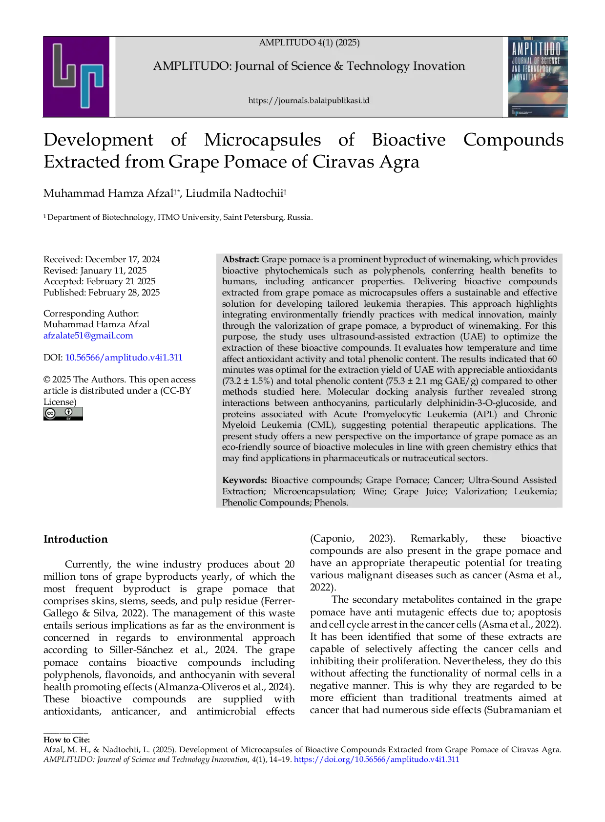 JURIS Development of Microcapsules of Bioactive Compounds Extracted from Grape Pomace of Ciravas Agra