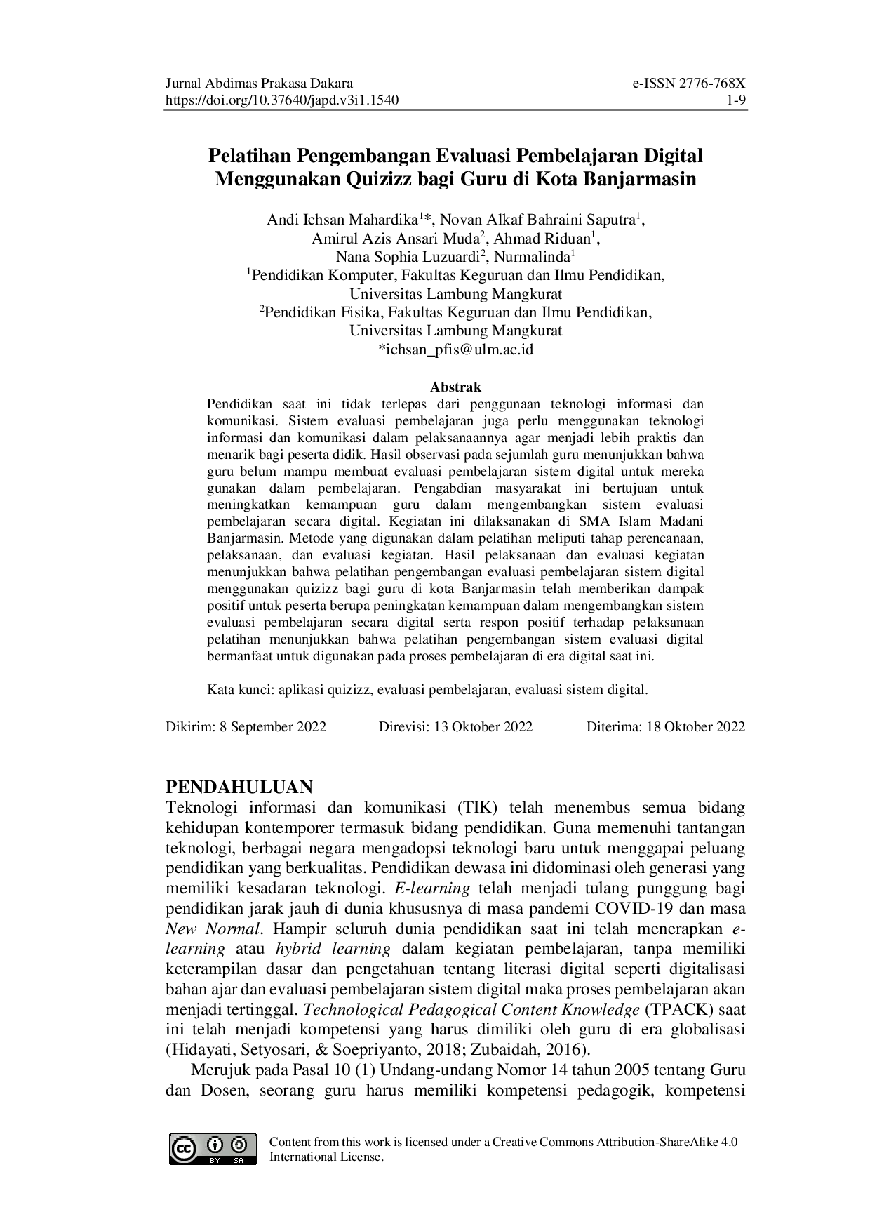 JURIS Pelatihan Pengembangan Evaluasi Pembelajaran Digital Menggunakan Quizizz bagi Guru di Kota Banjarmasin