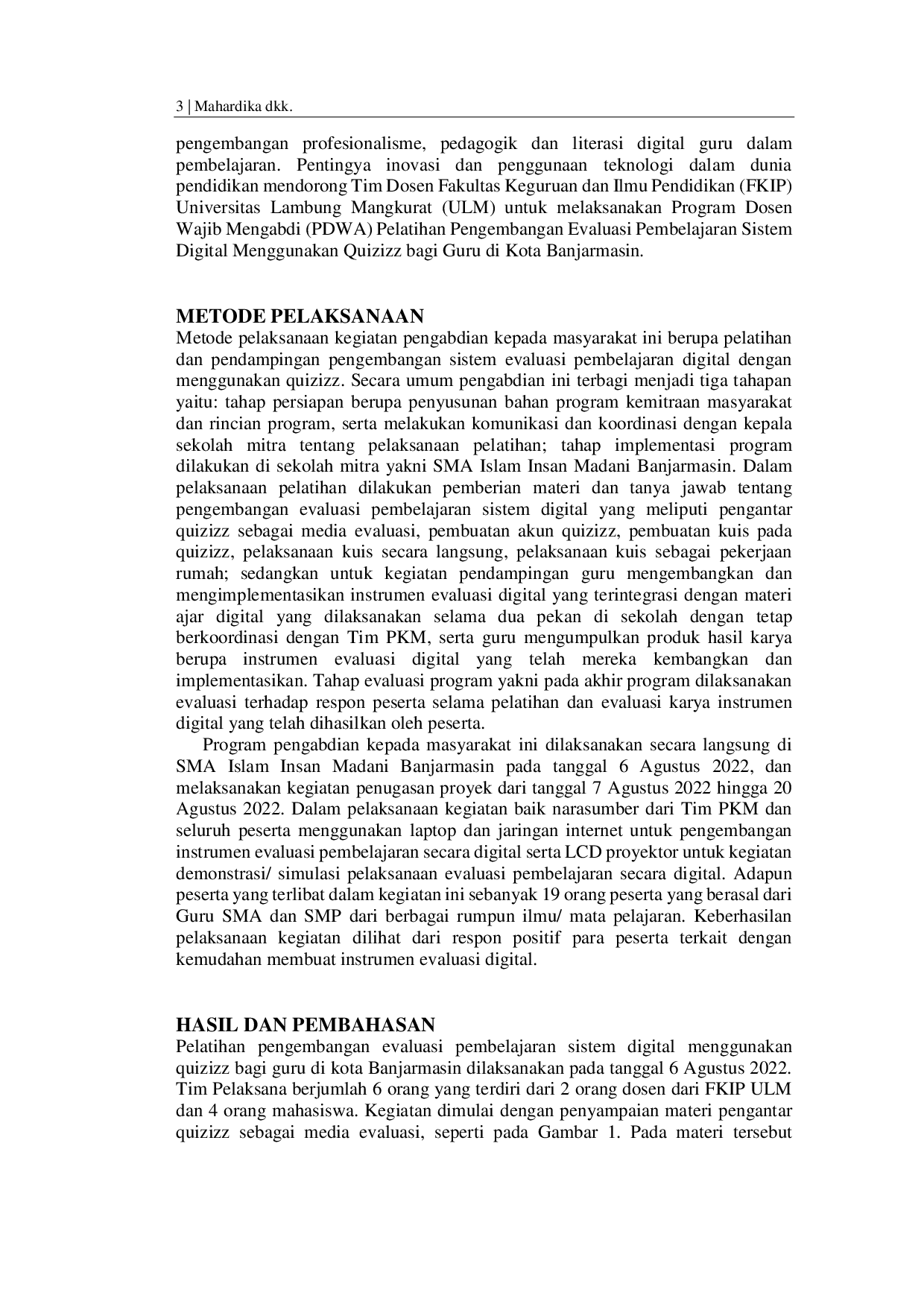 JURIS Pelatihan Pengembangan Evaluasi Pembelajaran Digital Menggunakan Quizizz bagi Guru di Kota Banjarmasin