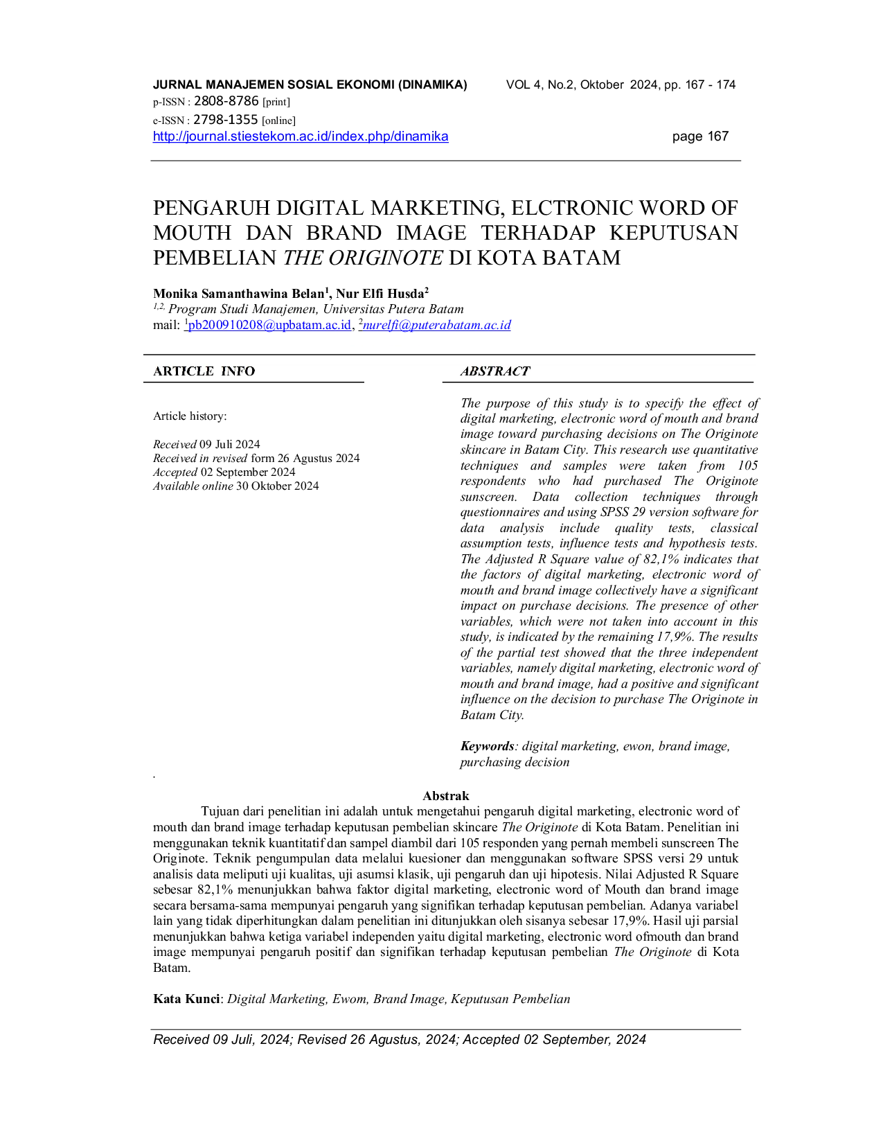 JURIS Pengaruh Digital Marketing Electronic Word Of Mouth Dan Brand Image Terhadap Keputusan Pembelian The Originote Di Kota Batam