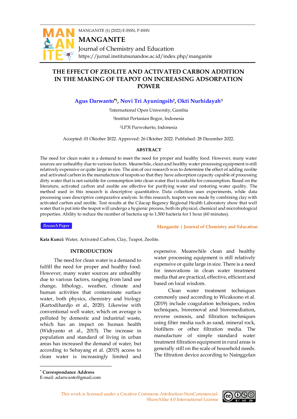 JURIS Effectiveness of Zeolite and Activated Charcoal on Absorption Power and Their Application in Teapots