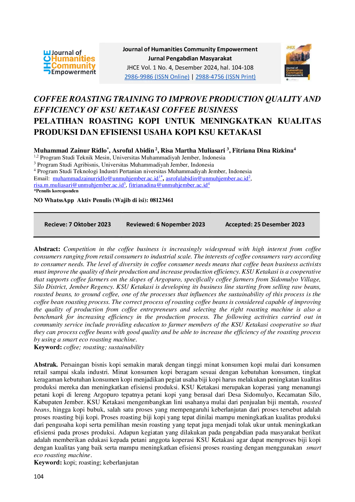 JURIS Coffee Roasting Training To Improve Production Quality And Efficiency Of Ksu Ketakasi Coffee Business