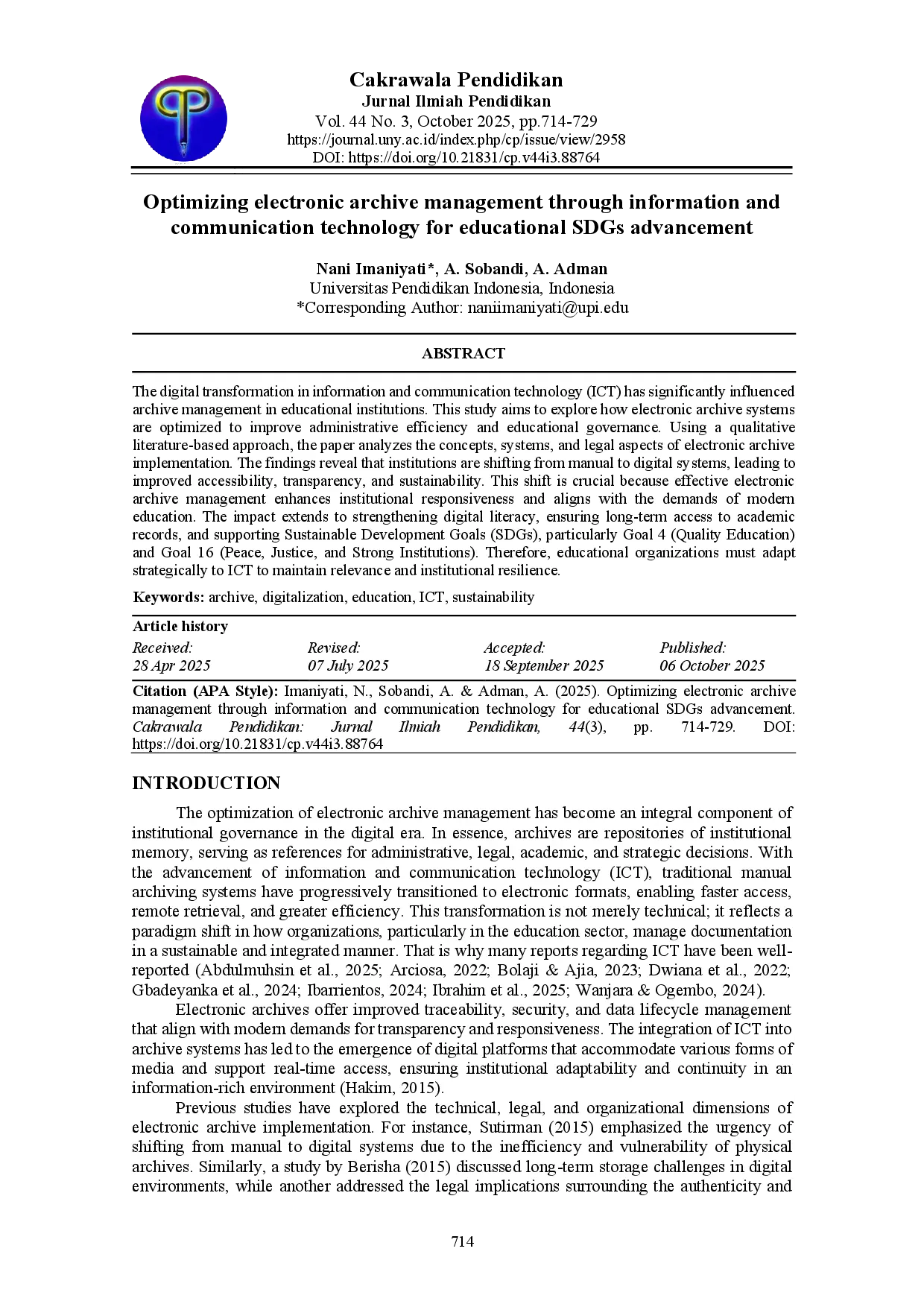 juris Optimizing electronic archive management through information and communication technology for educational SDGs advancement