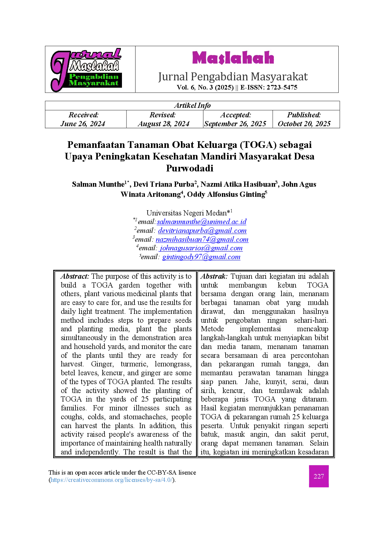 juris Pemanfaatan Tanaman Obat Keluarga TOGA sebagai Upaya Peningkatan Kesehatan Mandiri Masyarakat Desa Purwodadi